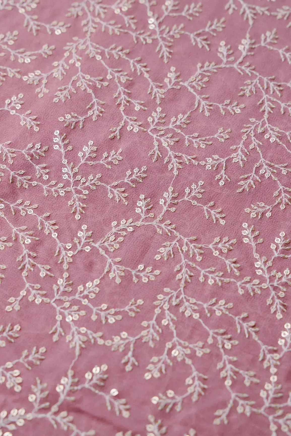 1.75 Meter Cut Piece Of White Thread With Gold Sequins Leafy Embroidery On Thulian Pink Georgette Fabric