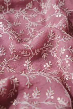 1.75 Meter Cut Piece Of White Thread With Gold Sequins Leafy Embroidery On Thulian Pink Georgette Fabric