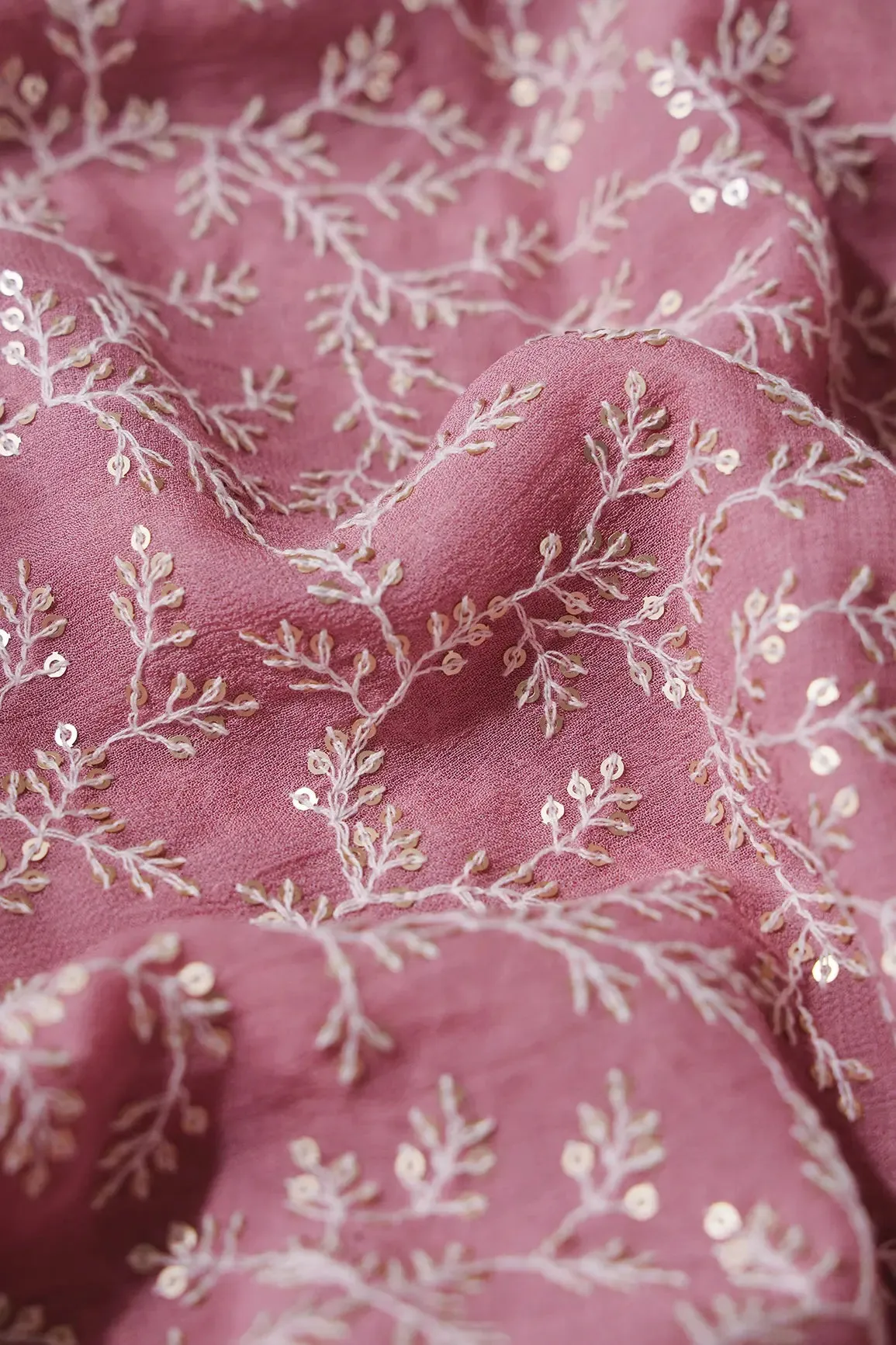 1.75 Meter Cut Piece Of White Thread With Gold Sequins Leafy Embroidery On Thulian Pink Georgette Fabric