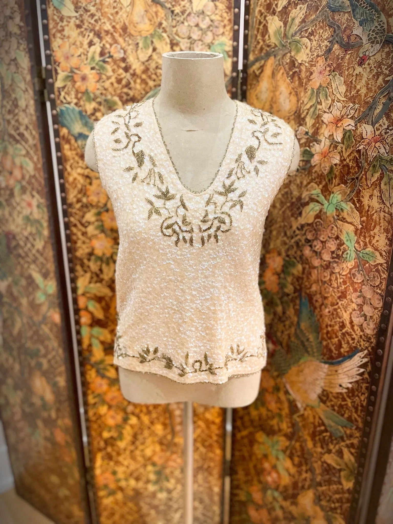 1960s Beige Grecian Pattern Sequin & Beaded Wool Tank