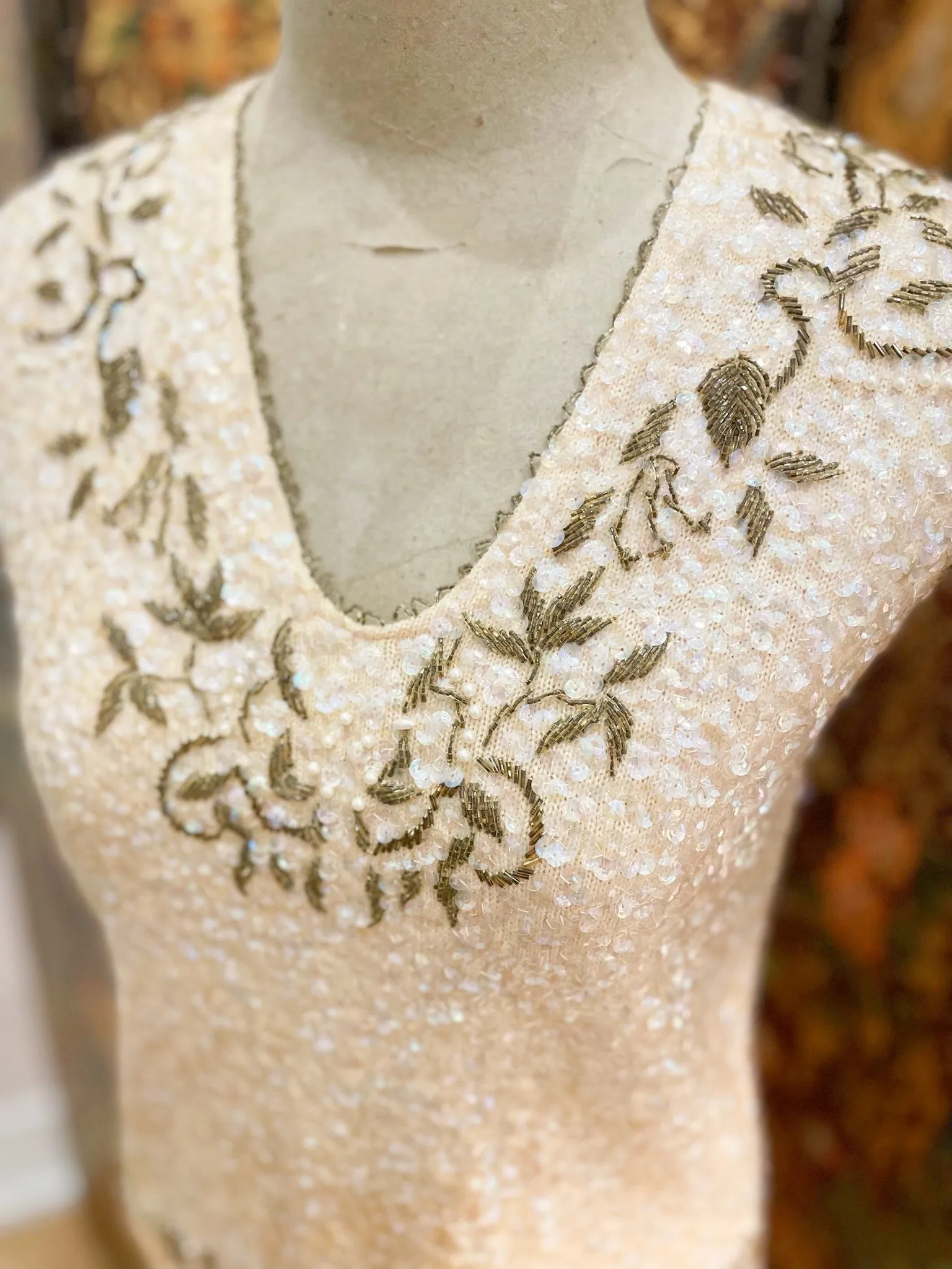 1960s Beige Grecian Pattern Sequin & Beaded Wool Tank