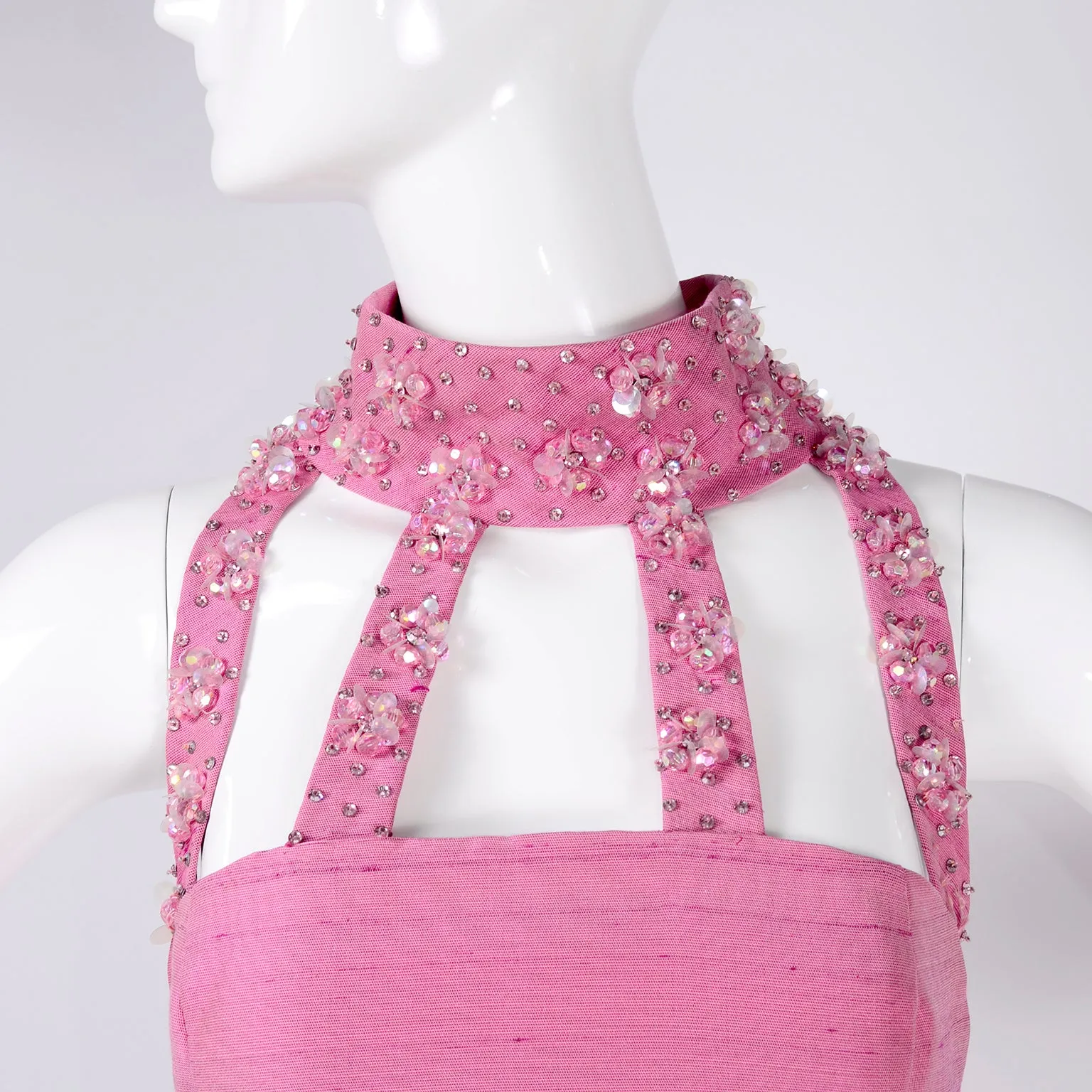 1966 Pierre Cardin Pink Silk Evening Gown With Cutwork and Jeweled Neck