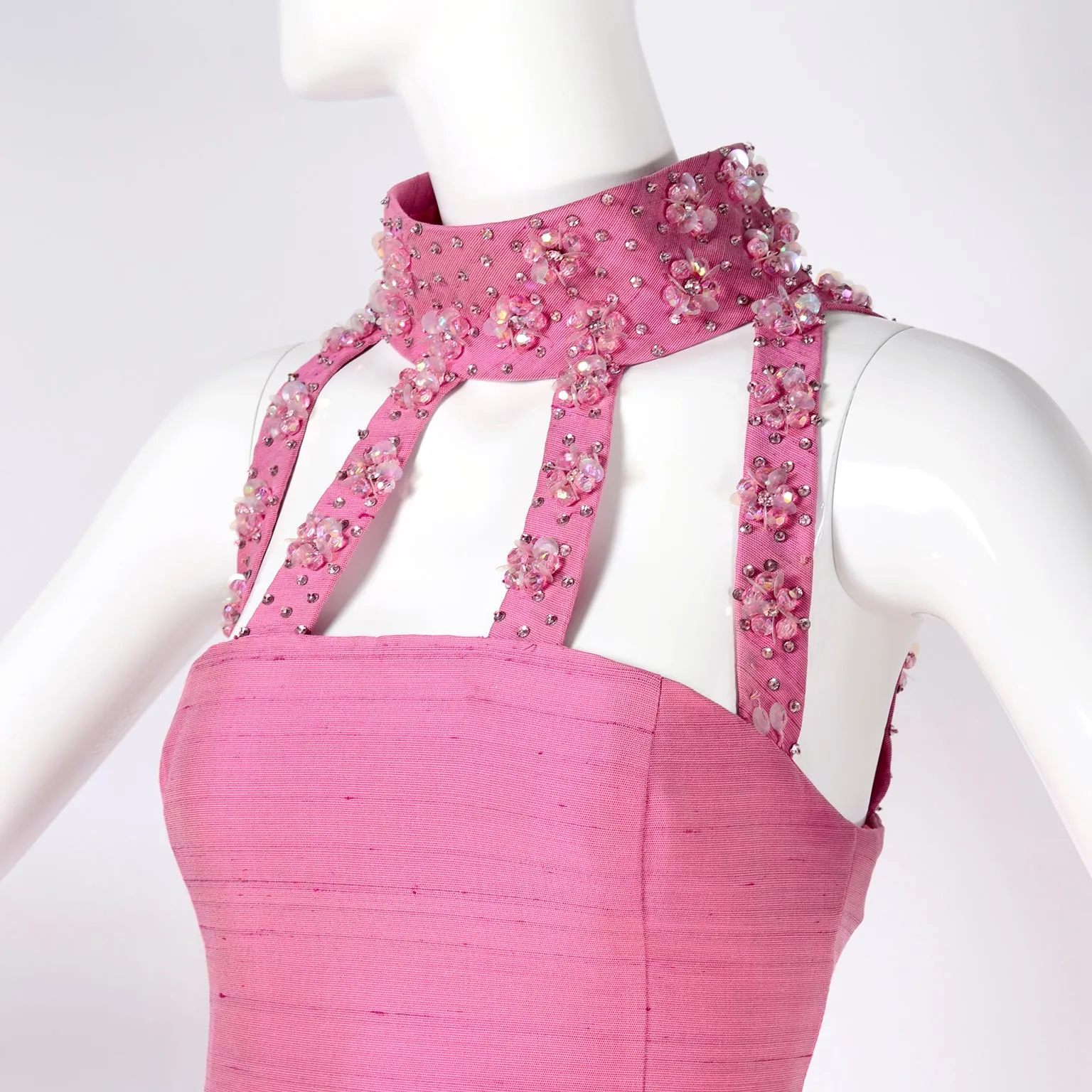 1966 Pierre Cardin Pink Silk Evening Gown With Cutwork and Jeweled Neck