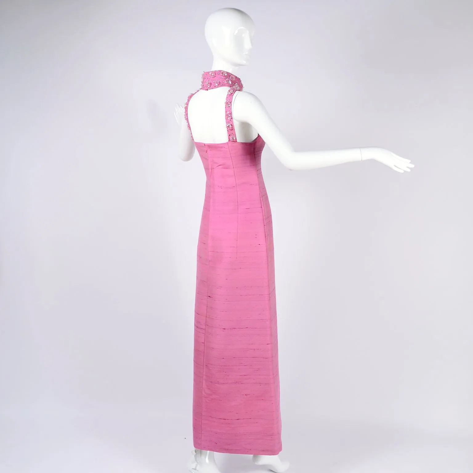 1966 Pierre Cardin Pink Silk Evening Gown With Cutwork and Jeweled Neck