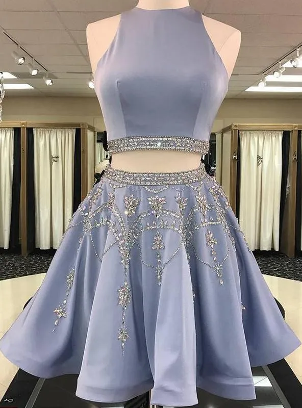 2024 A-Line/Princess Jewel Neck Sleeveless Cut Out Back Beading Two Piece Cut Short/Mini Homecoming Dresses