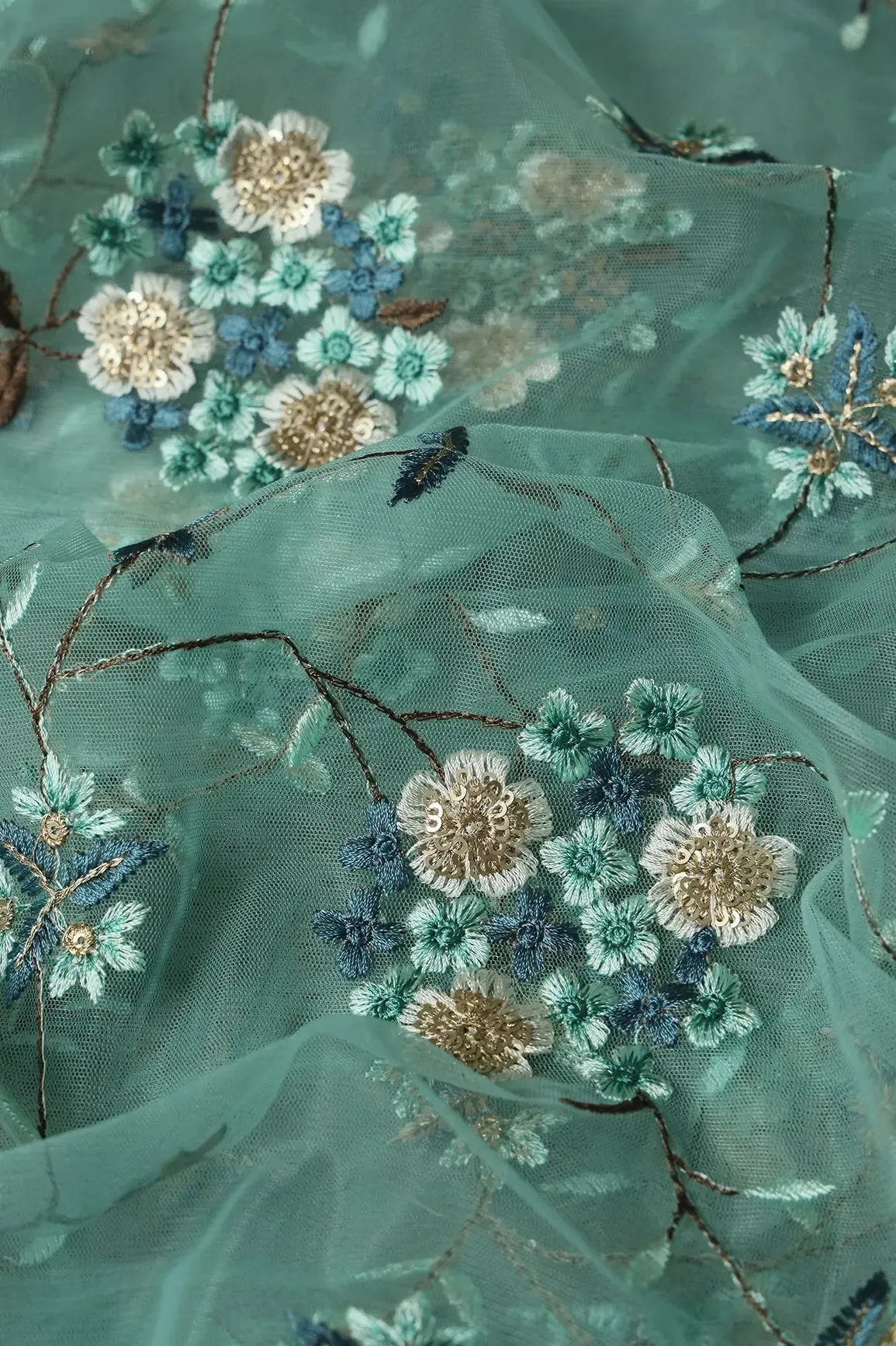 2.25 Meter Cut Piece Of Multi Thread With Gold Sequins Embroidery On Teal Soft Net Fabric