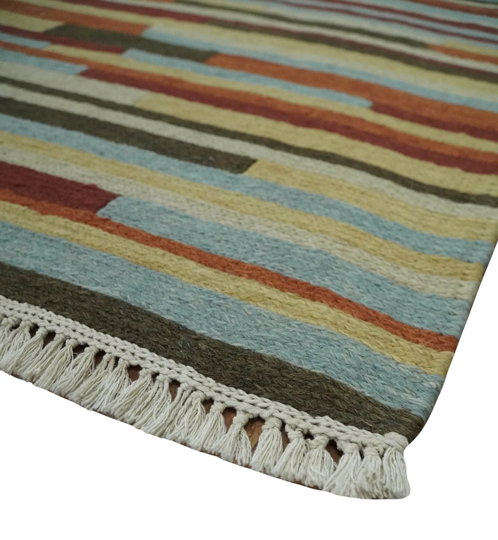 5x8 Multi color Stripes Pattern Hand knotted Farmhouse Wool Area Rug