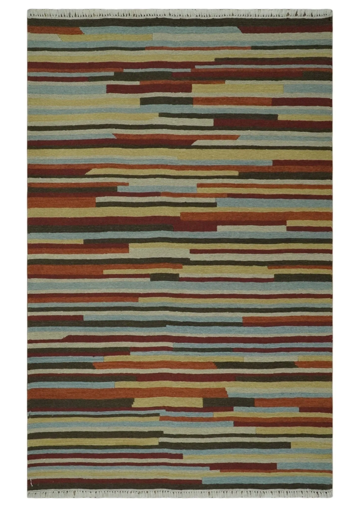 5x8 Multi color Stripes Pattern Hand knotted Farmhouse Wool Area Rug