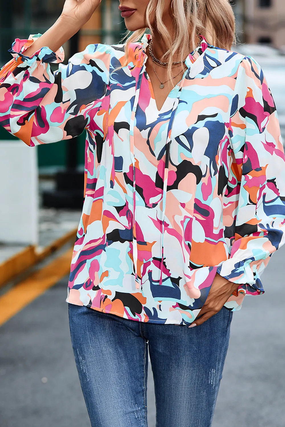 Abstract Print Frill Tie V Neck Long Sleeve Blouse