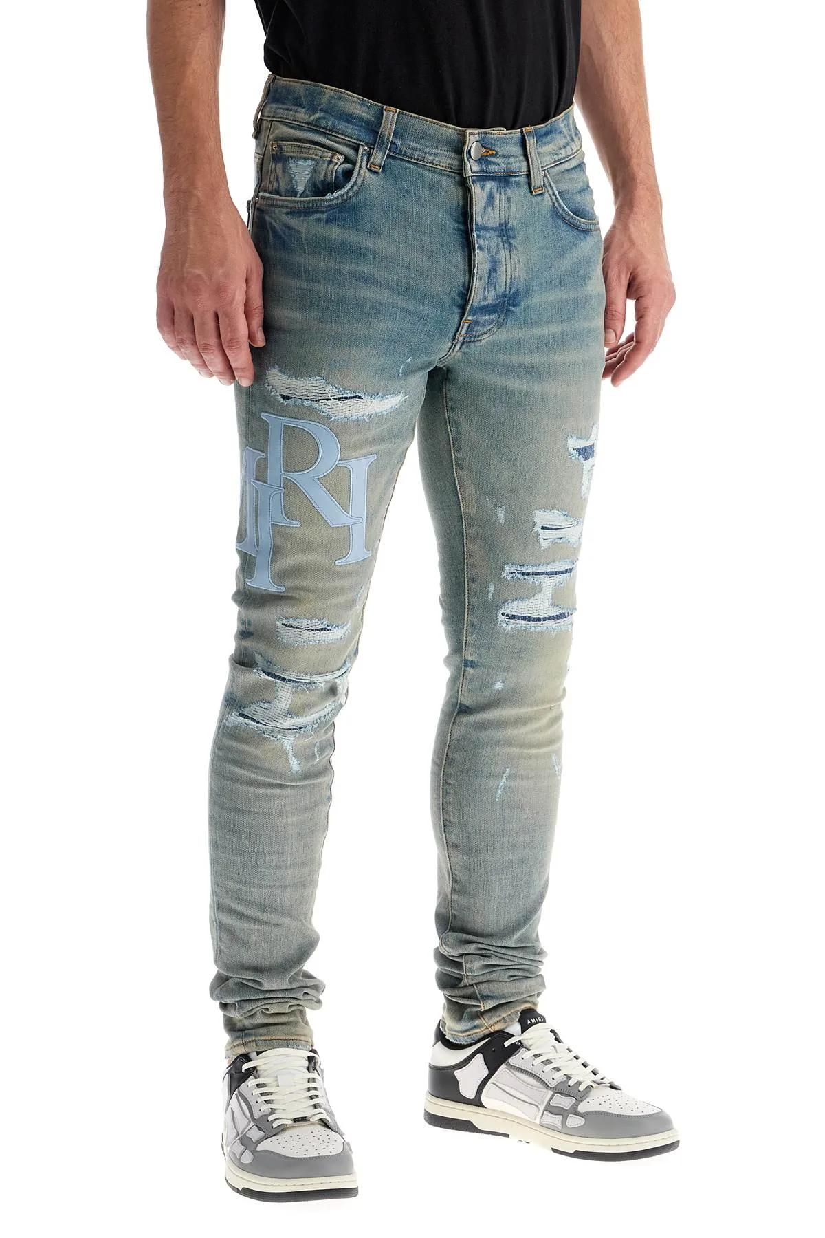 Amiri Men's Leather Logo Jeans With Eight Words