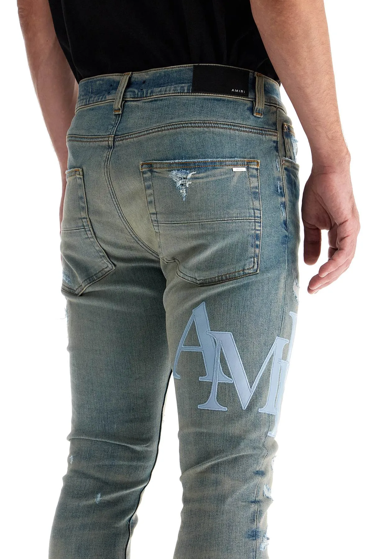 Amiri Men's Leather Logo Jeans With Eight Words