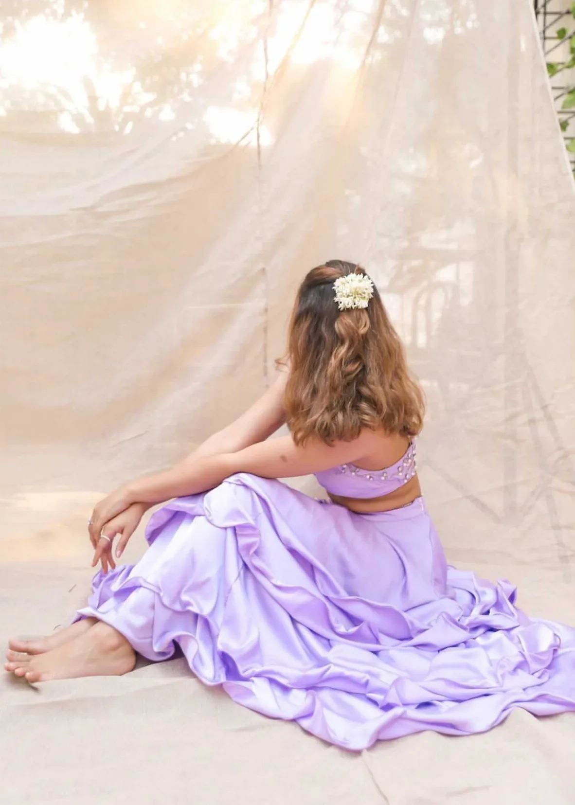 Aqsa Lavender Satin Tiered Lehenga