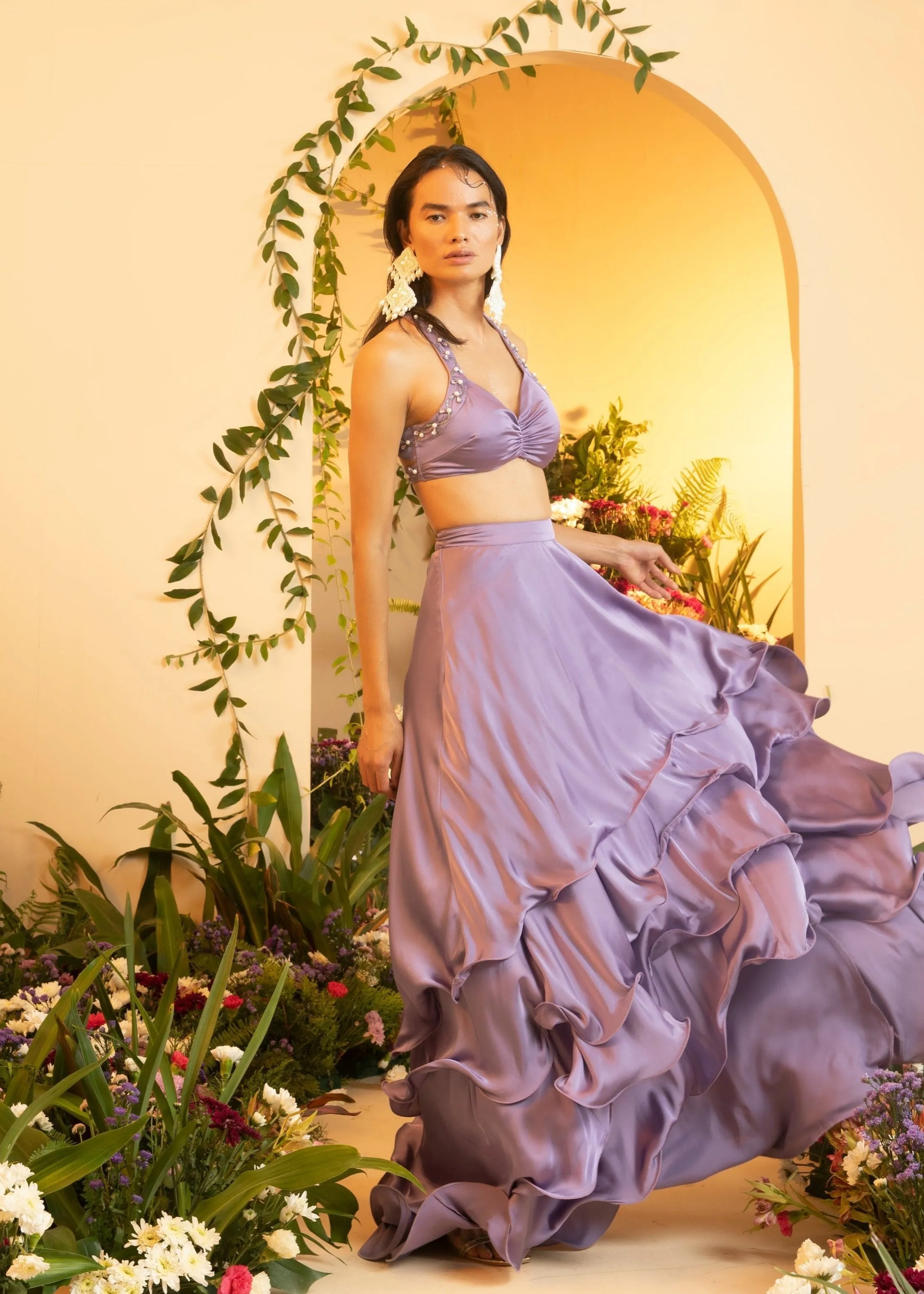 Aqsa Lavender Satin Tiered Lehenga