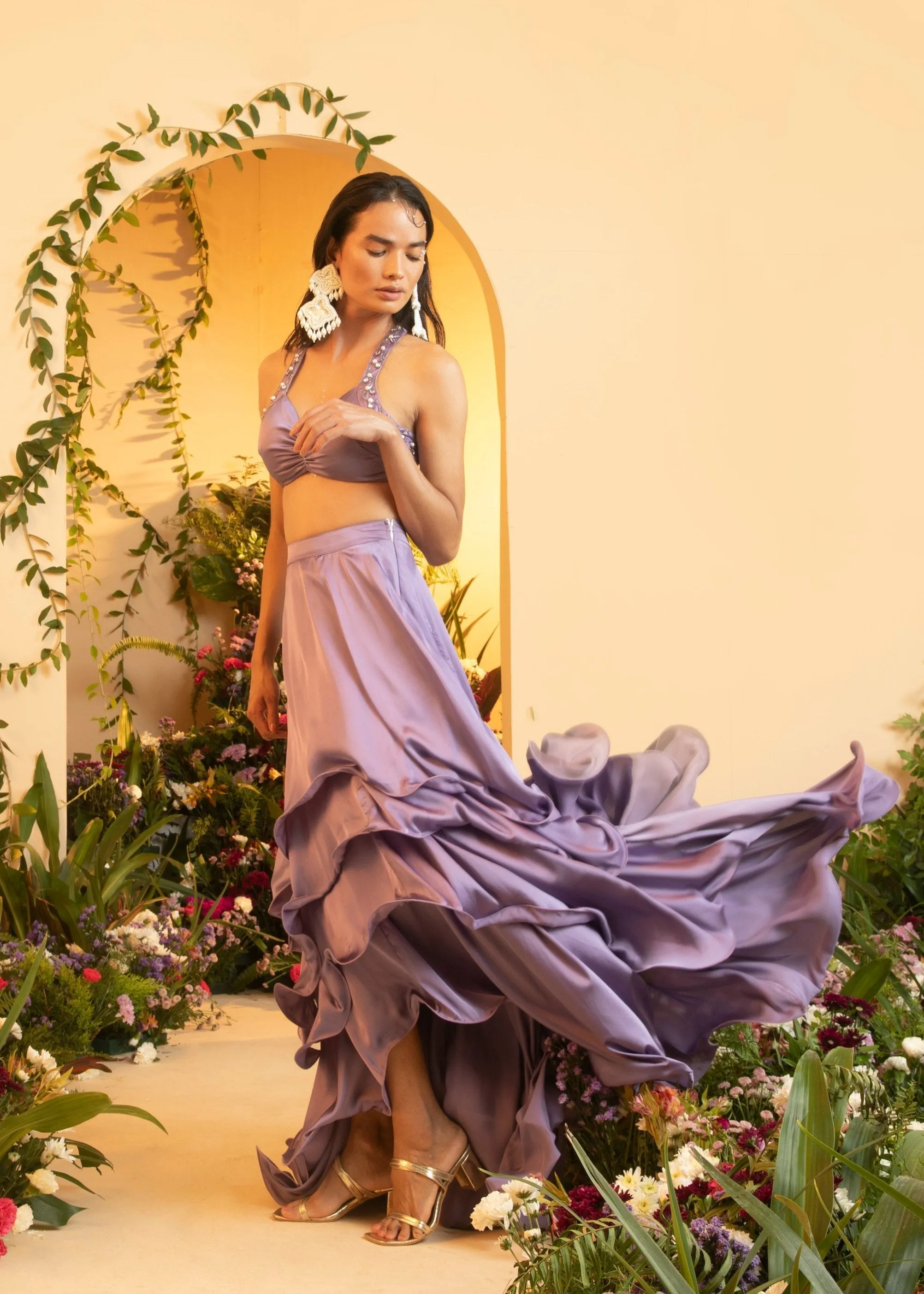 Aqsa Lavender Satin Tiered Lehenga