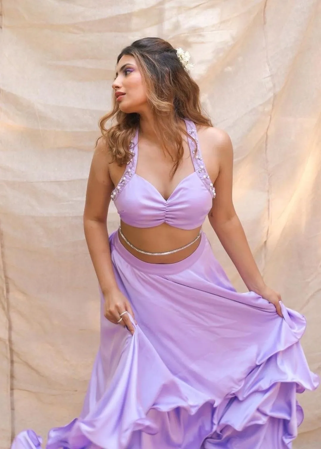 Aqsa Lavender Satin Tiered Lehenga