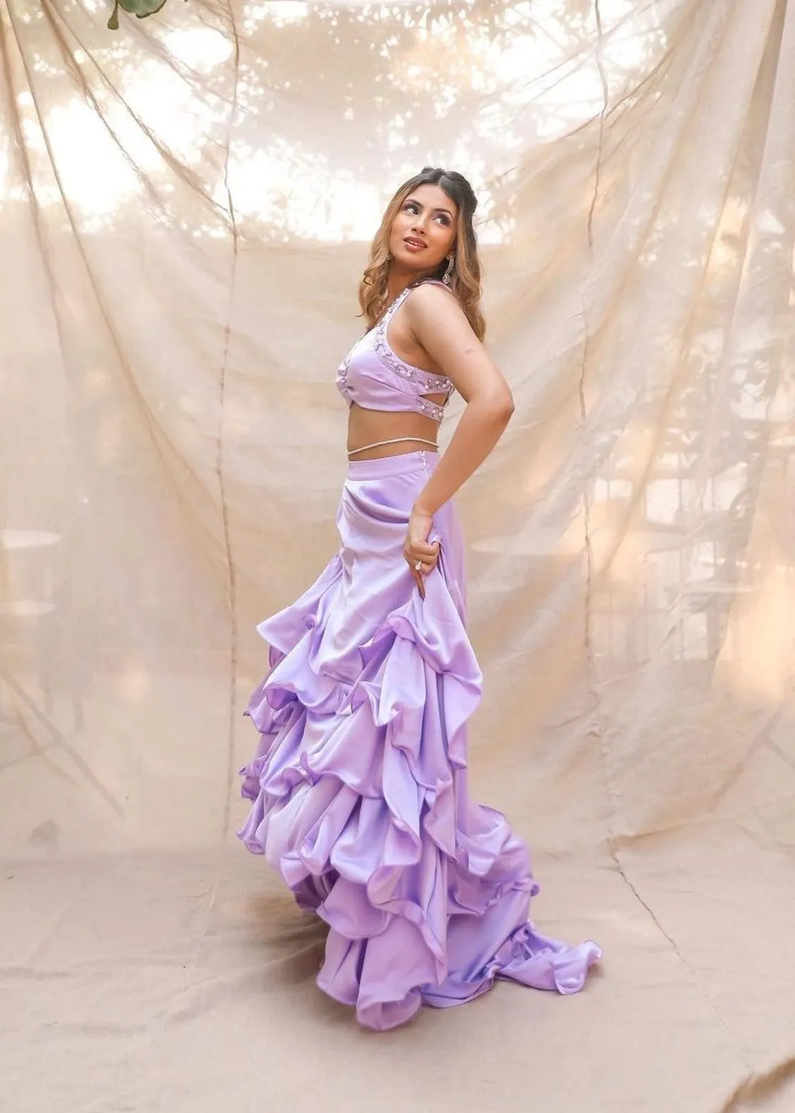 Aqsa Lavender Satin Tiered Lehenga