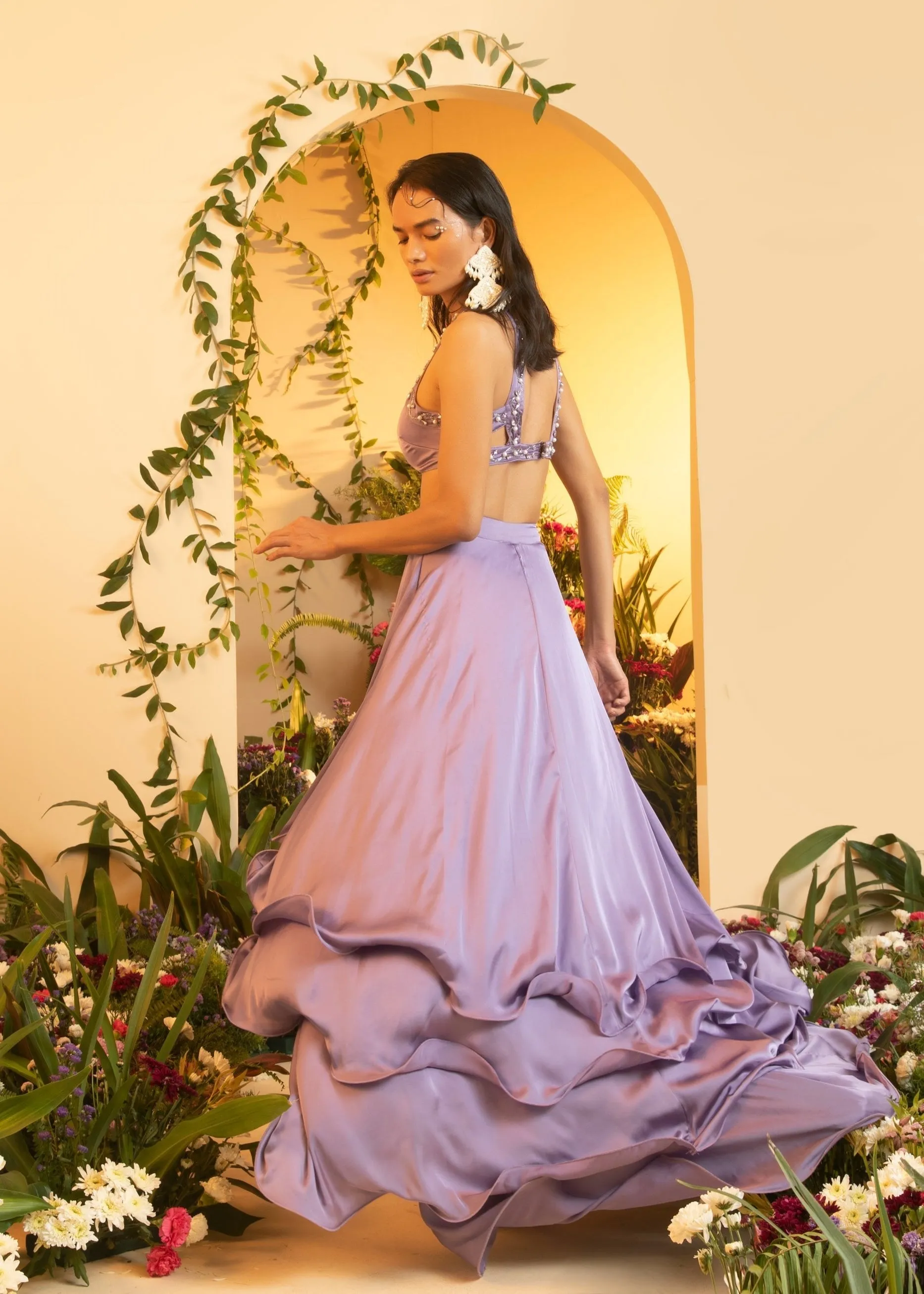 Aqsa Lavender Satin Tiered Lehenga