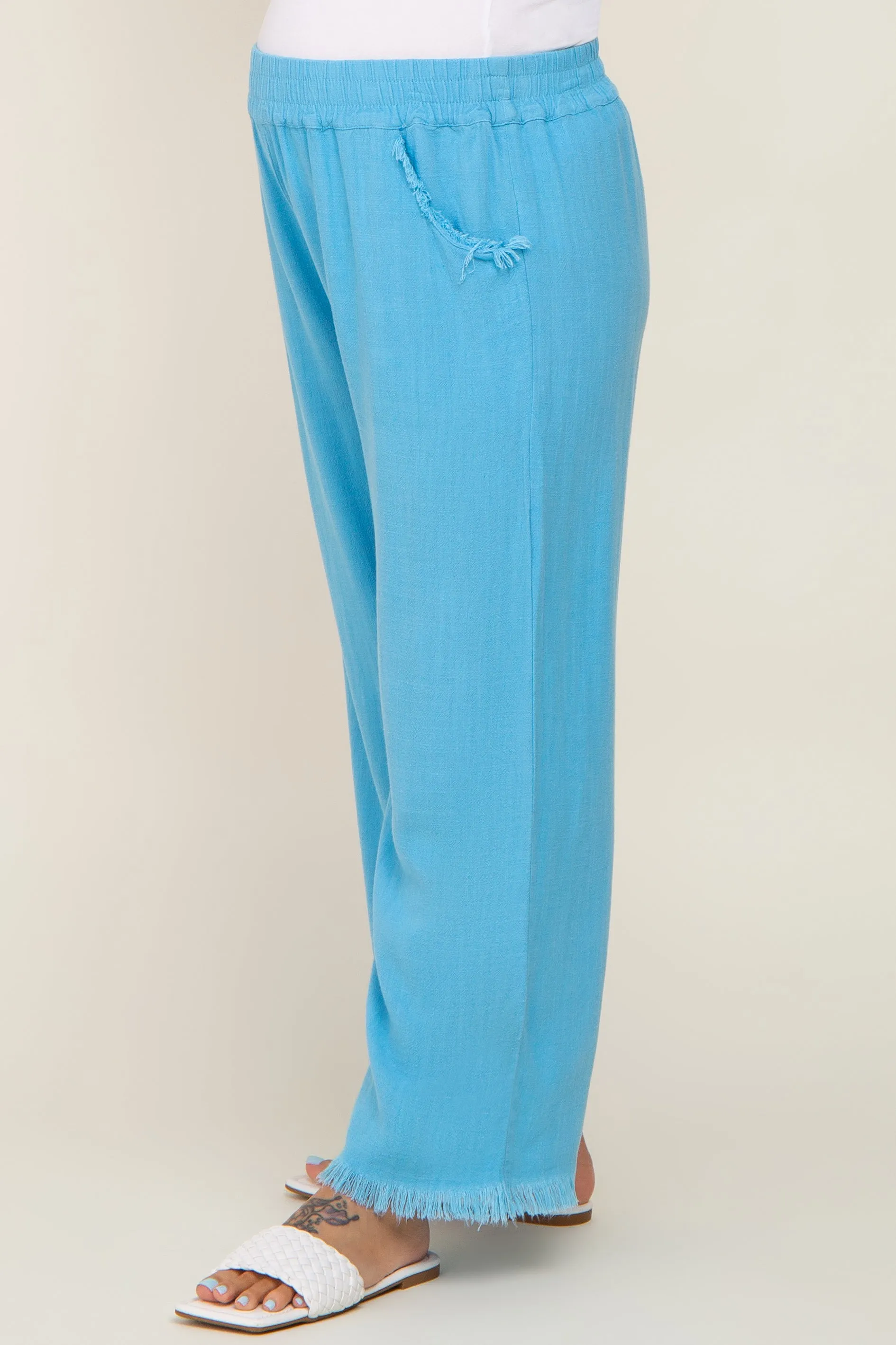 Aqua Blue Linen Frayed Hem Crop Maternity Pants