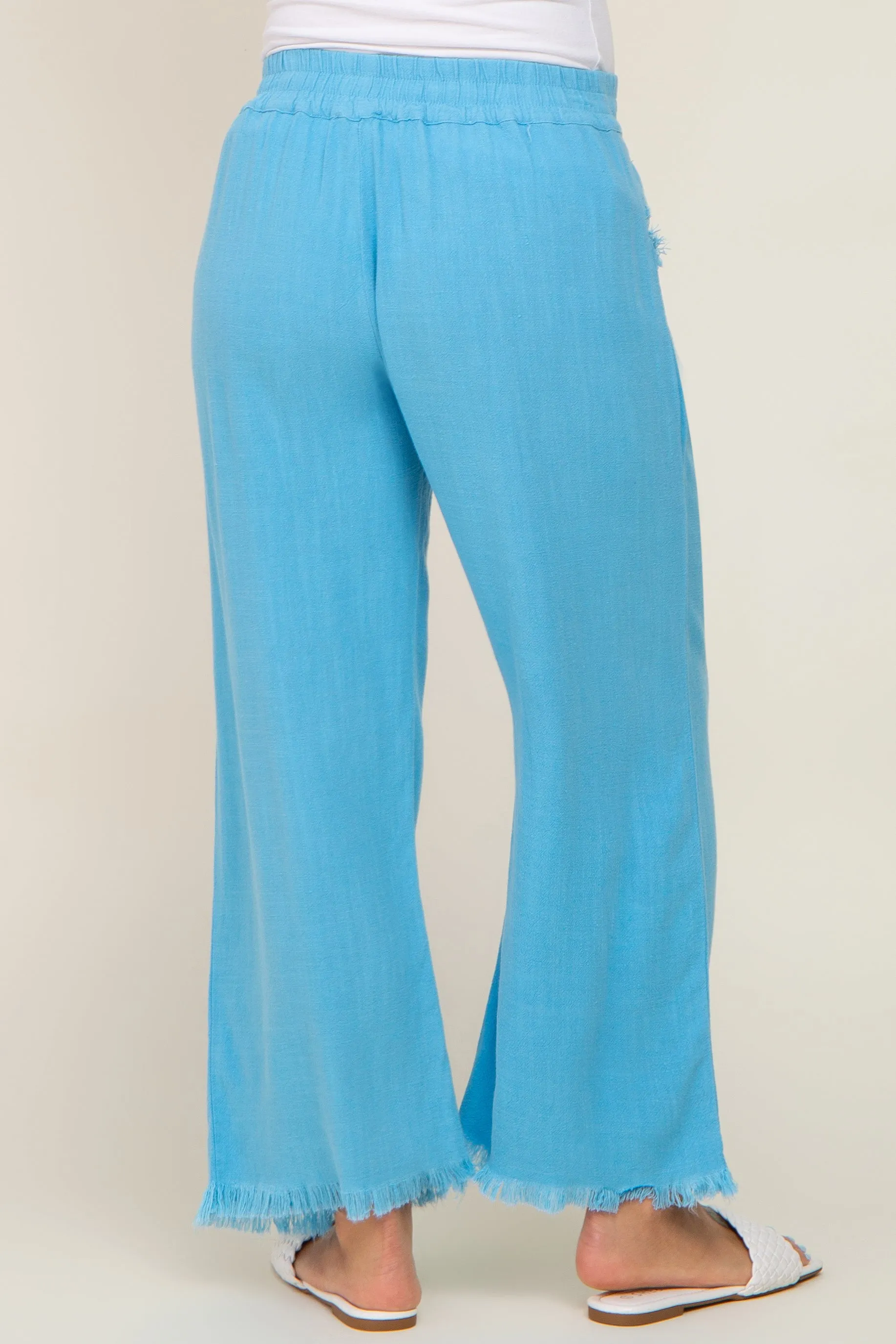 Aqua Blue Linen Frayed Hem Crop Maternity Pants