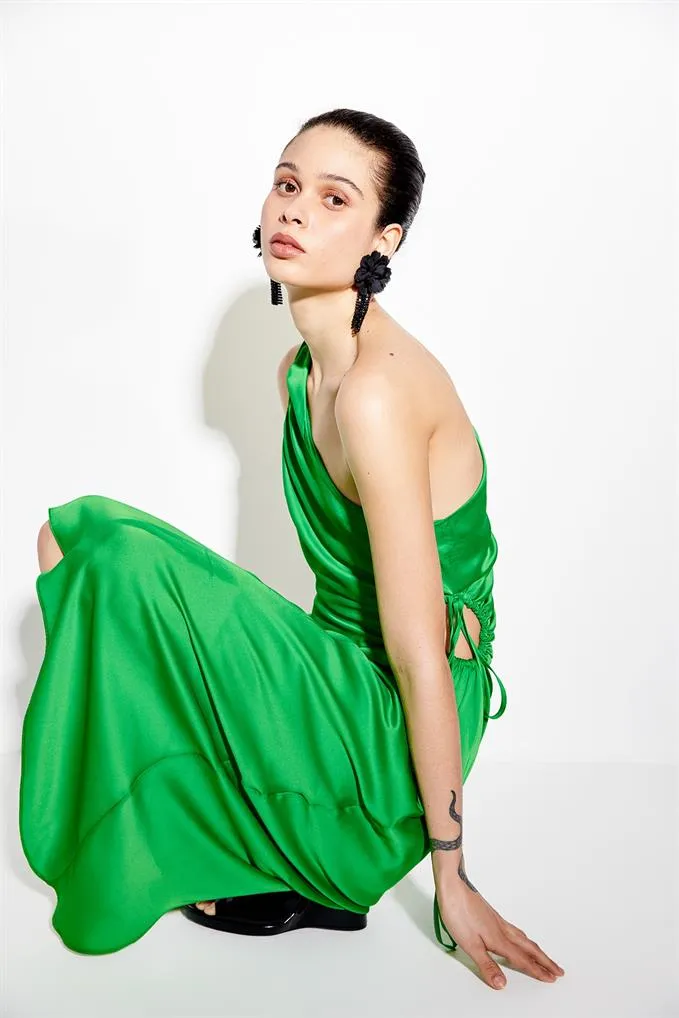 Asymmetrical Green Satin Dress