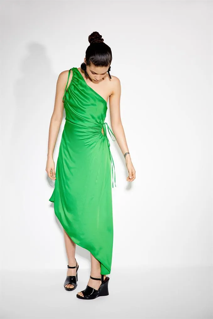 Asymmetrical Green Satin Dress