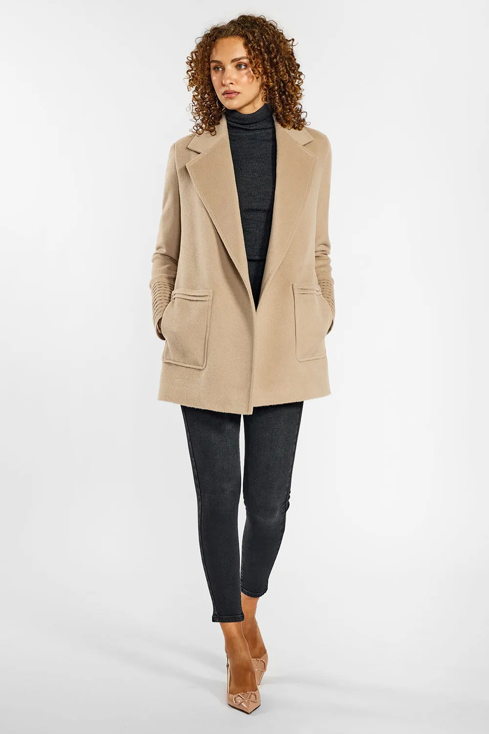 Baby Alpaca Cropped Notched Collar Wrap Coat with Square Pockets