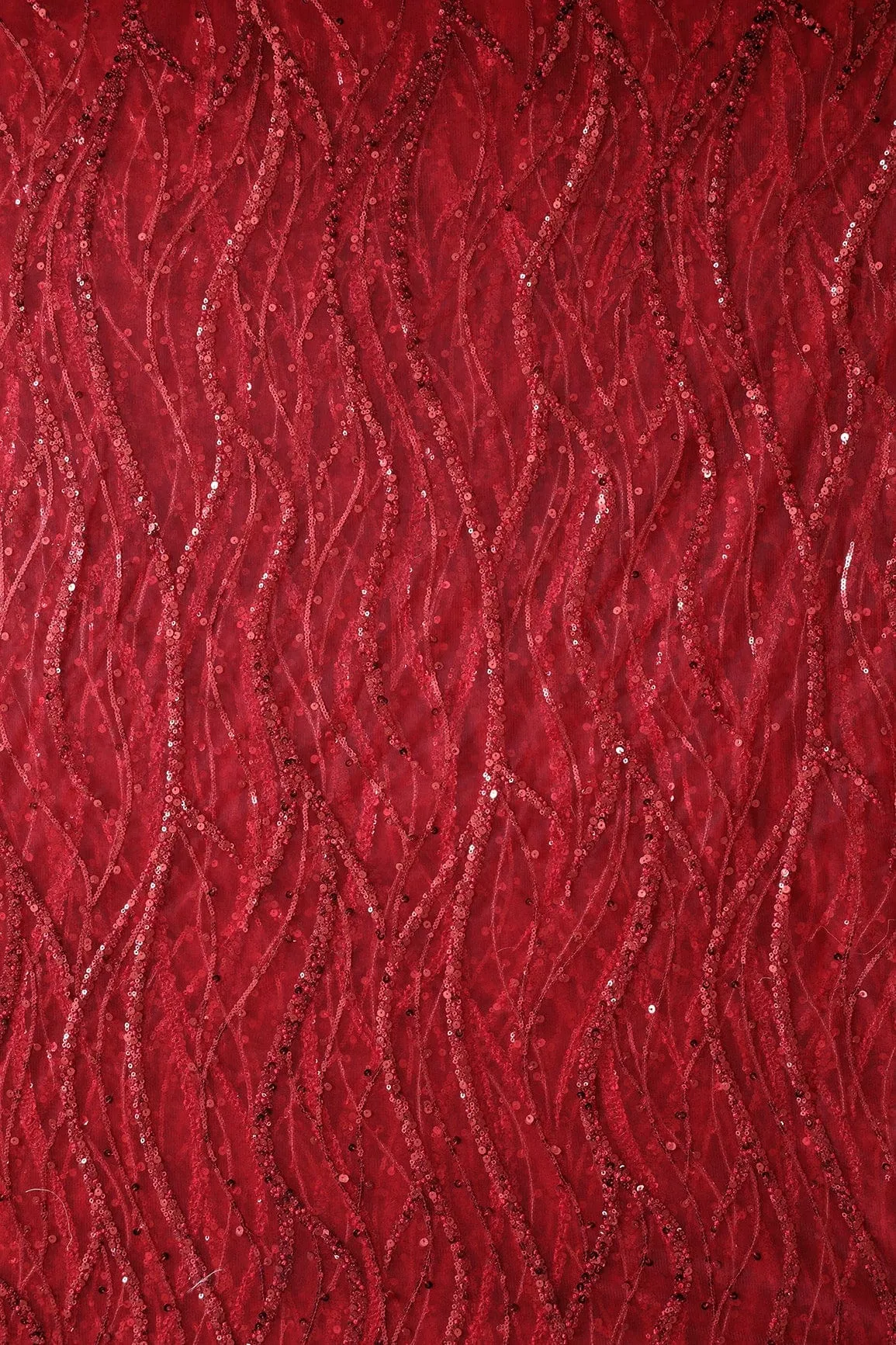 Beautiful Sequins With Red Thread Wavy Embroidery Work On Red Soft Net Fabric