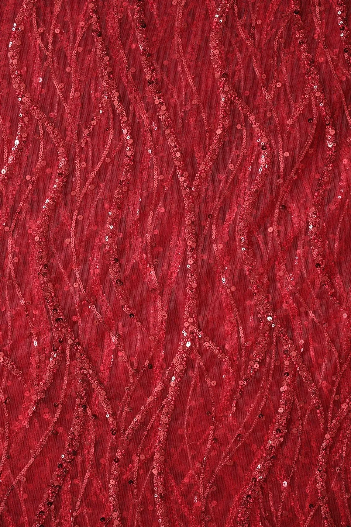 Beautiful Sequins With Red Thread Wavy Embroidery Work On Red Soft Net Fabric