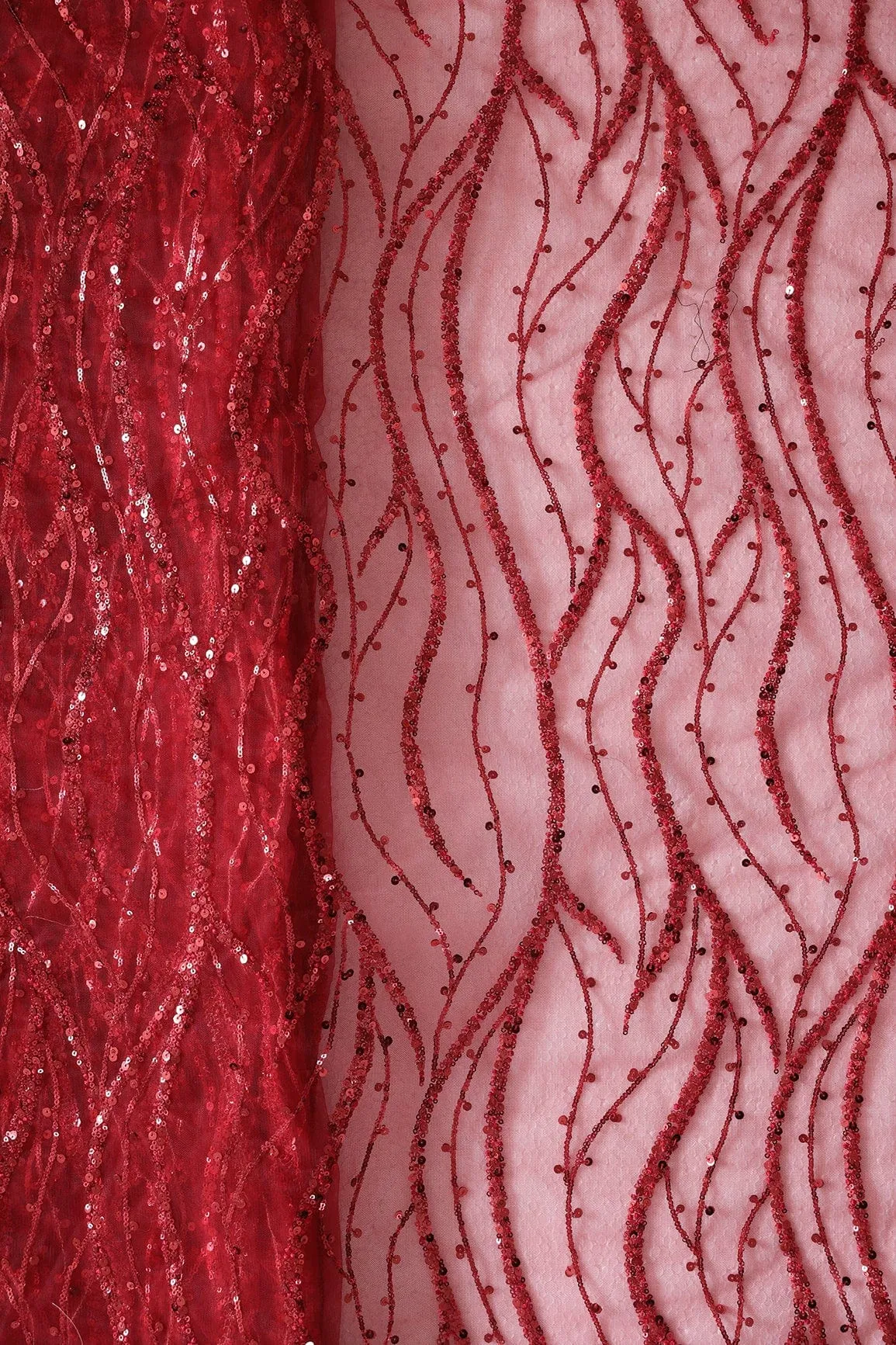 Beautiful Sequins With Red Thread Wavy Embroidery Work On Red Soft Net Fabric