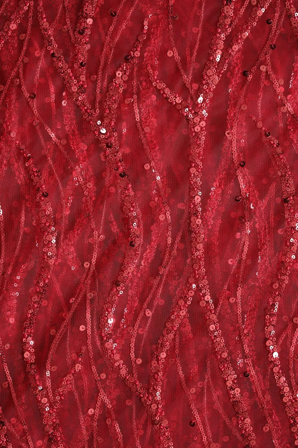 Beautiful Sequins With Red Thread Wavy Embroidery Work On Red Soft Net Fabric