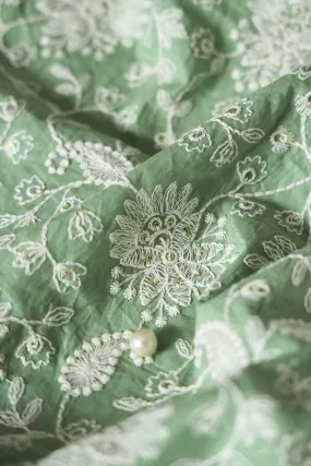 Beautiful White Thread With Gold Sequins Lucknowi Floral Embroidery Work On Olive Soft Cotton Fabric