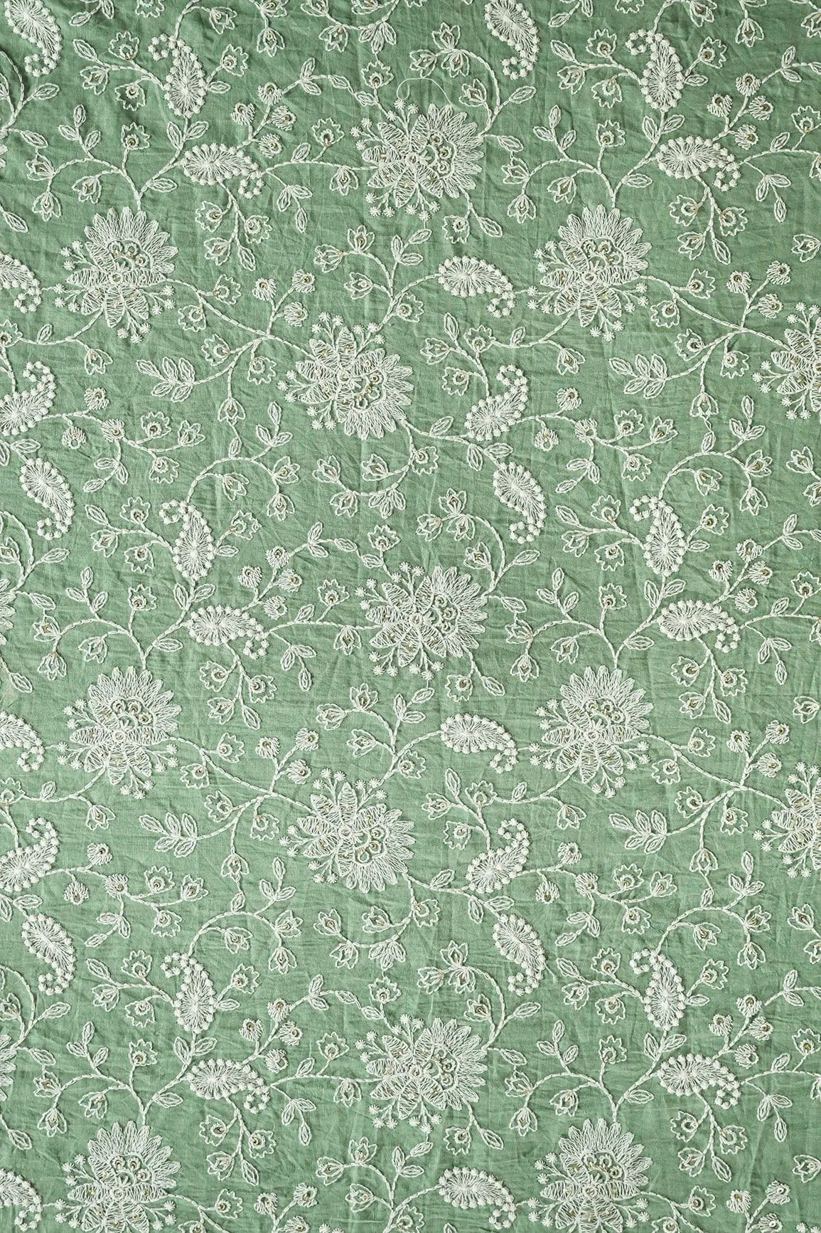 Beautiful White Thread With Gold Sequins Lucknowi Floral Embroidery Work On Olive Soft Cotton Fabric