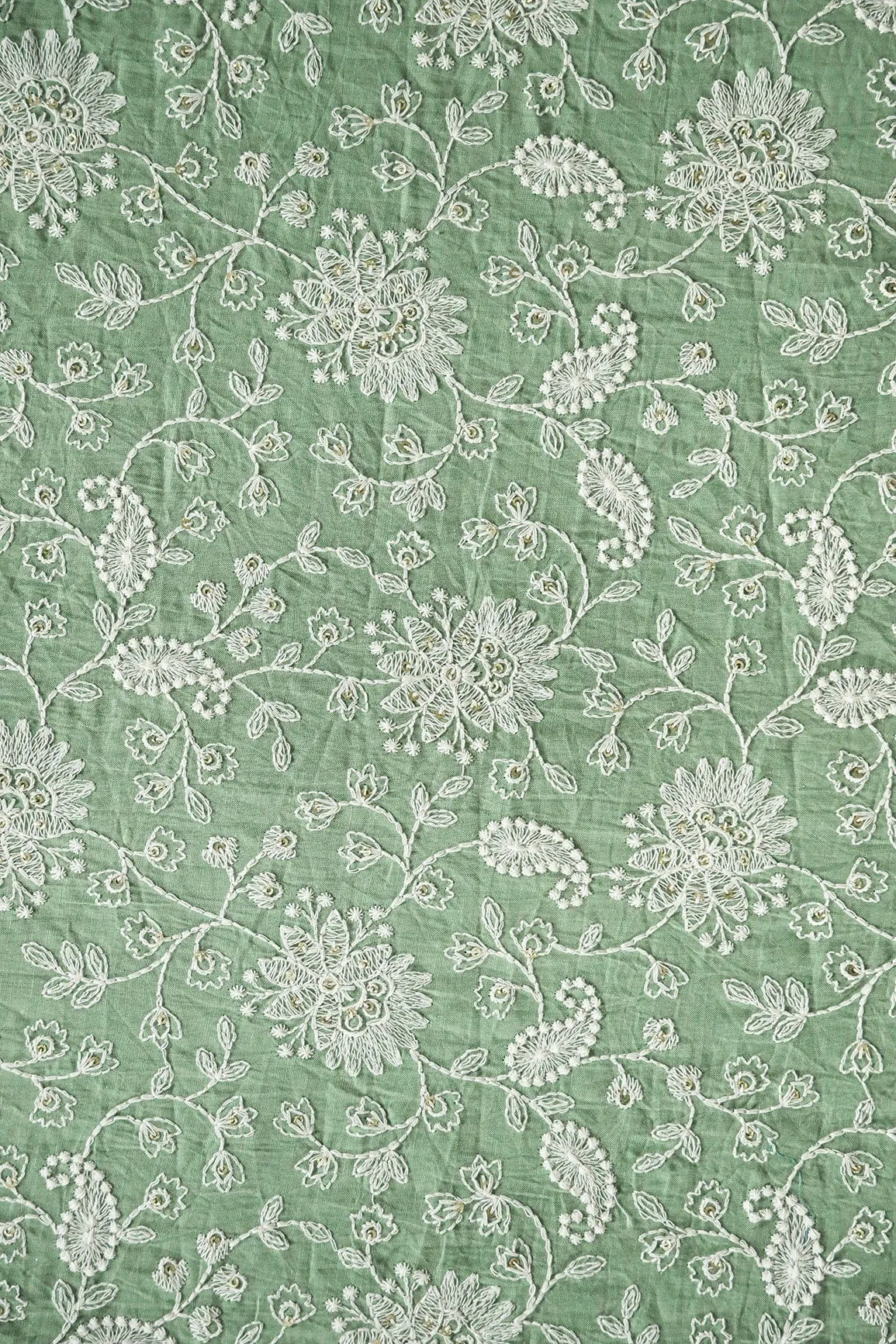 Beautiful White Thread With Gold Sequins Lucknowi Floral Embroidery Work On Olive Soft Cotton Fabric