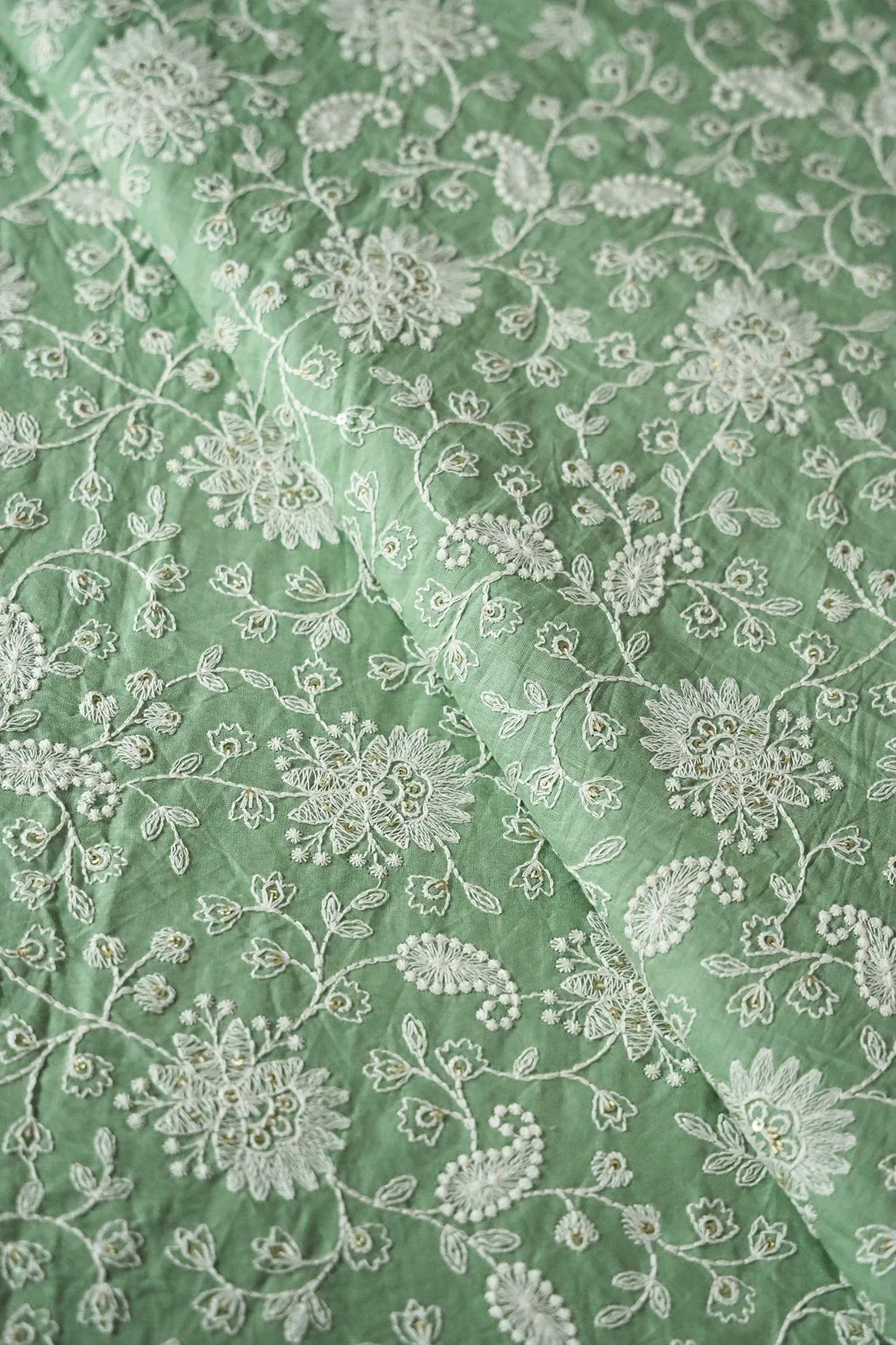 Beautiful White Thread With Gold Sequins Lucknowi Floral Embroidery Work On Olive Soft Cotton Fabric