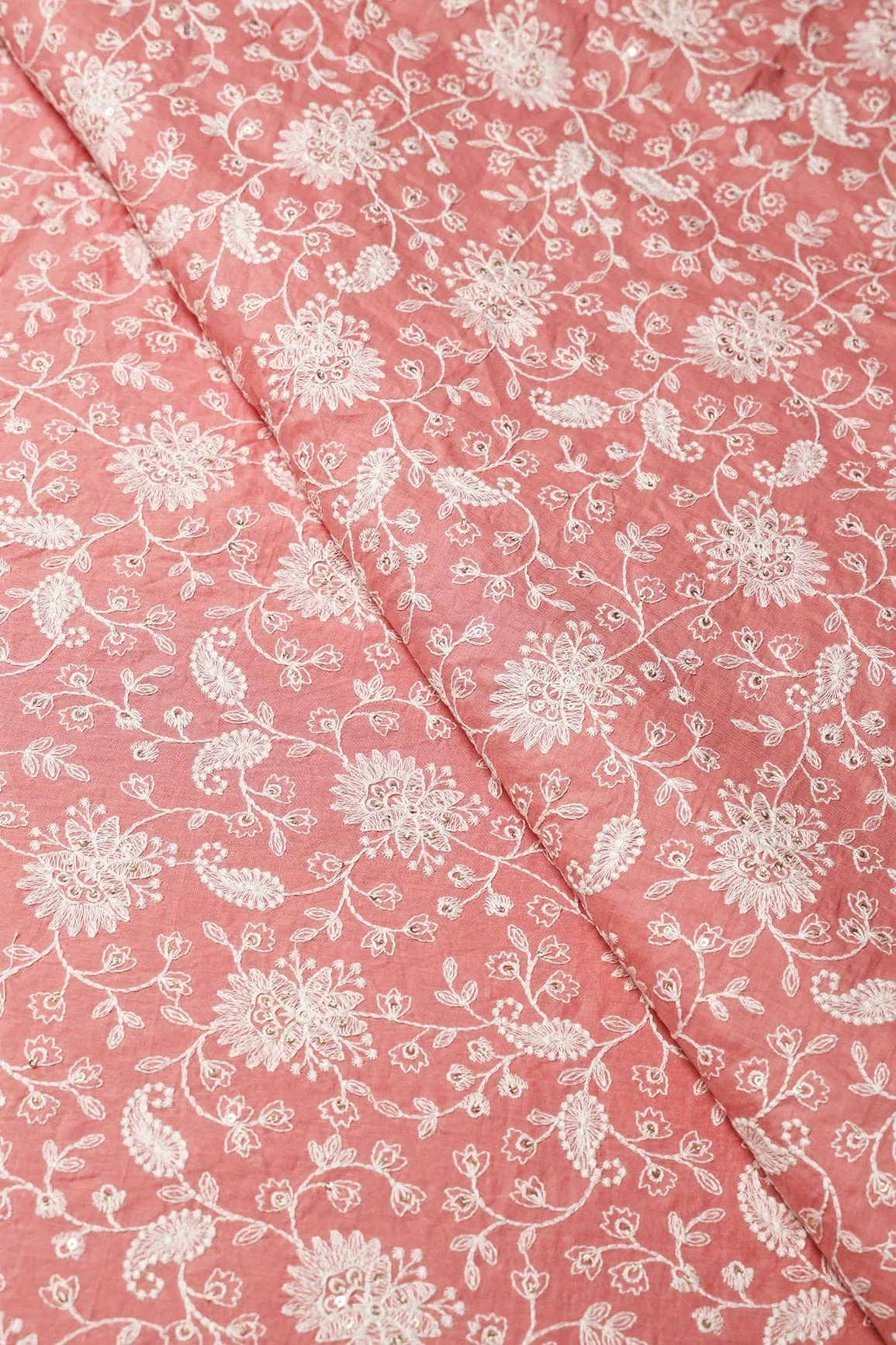 Beautiful White Thread With Gold Sequins Lucknowi Floral Embroidery Work On Peach Soft Cotton Fabric