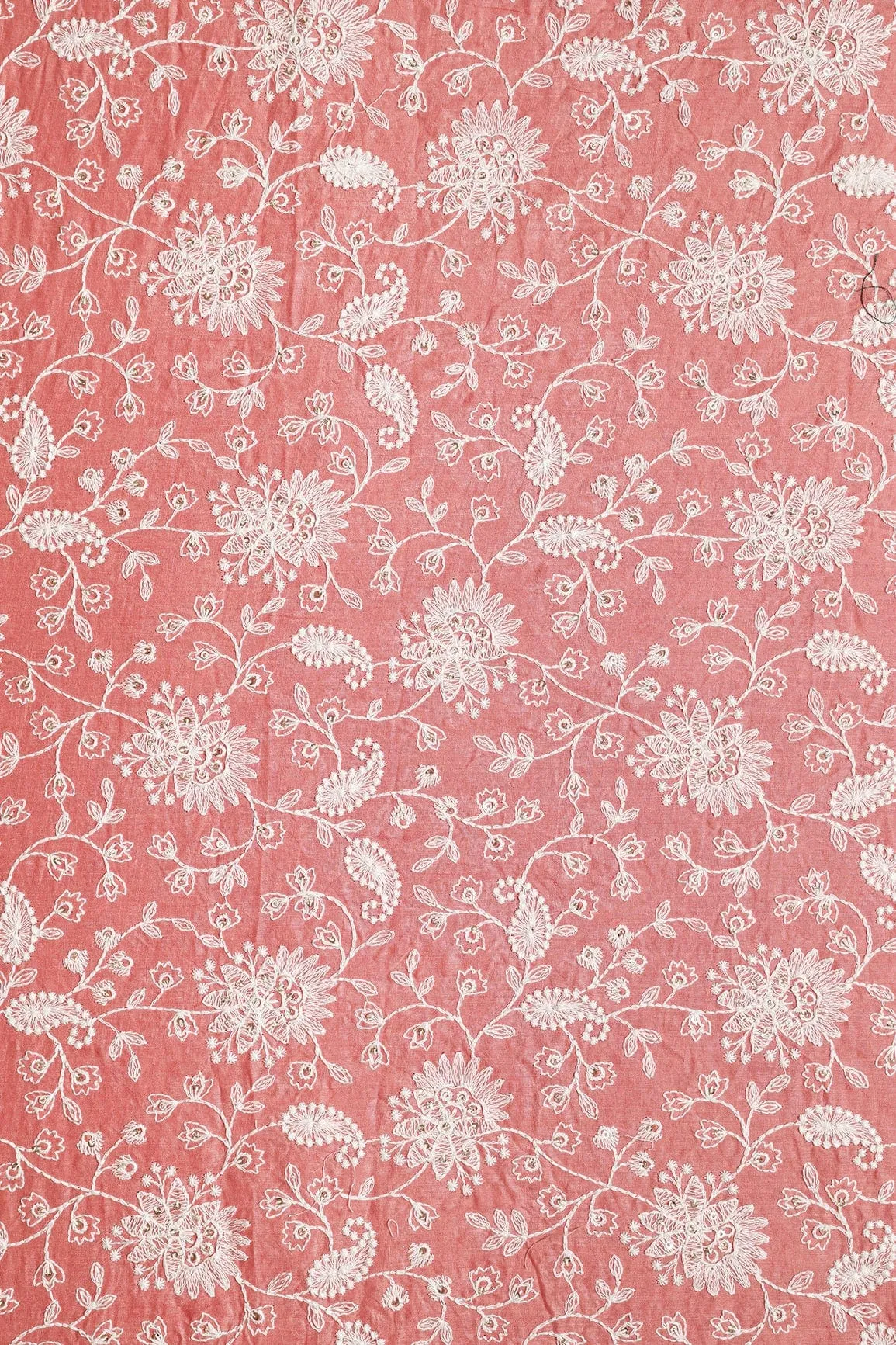 Beautiful White Thread With Gold Sequins Lucknowi Floral Embroidery Work On Peach Soft Cotton Fabric