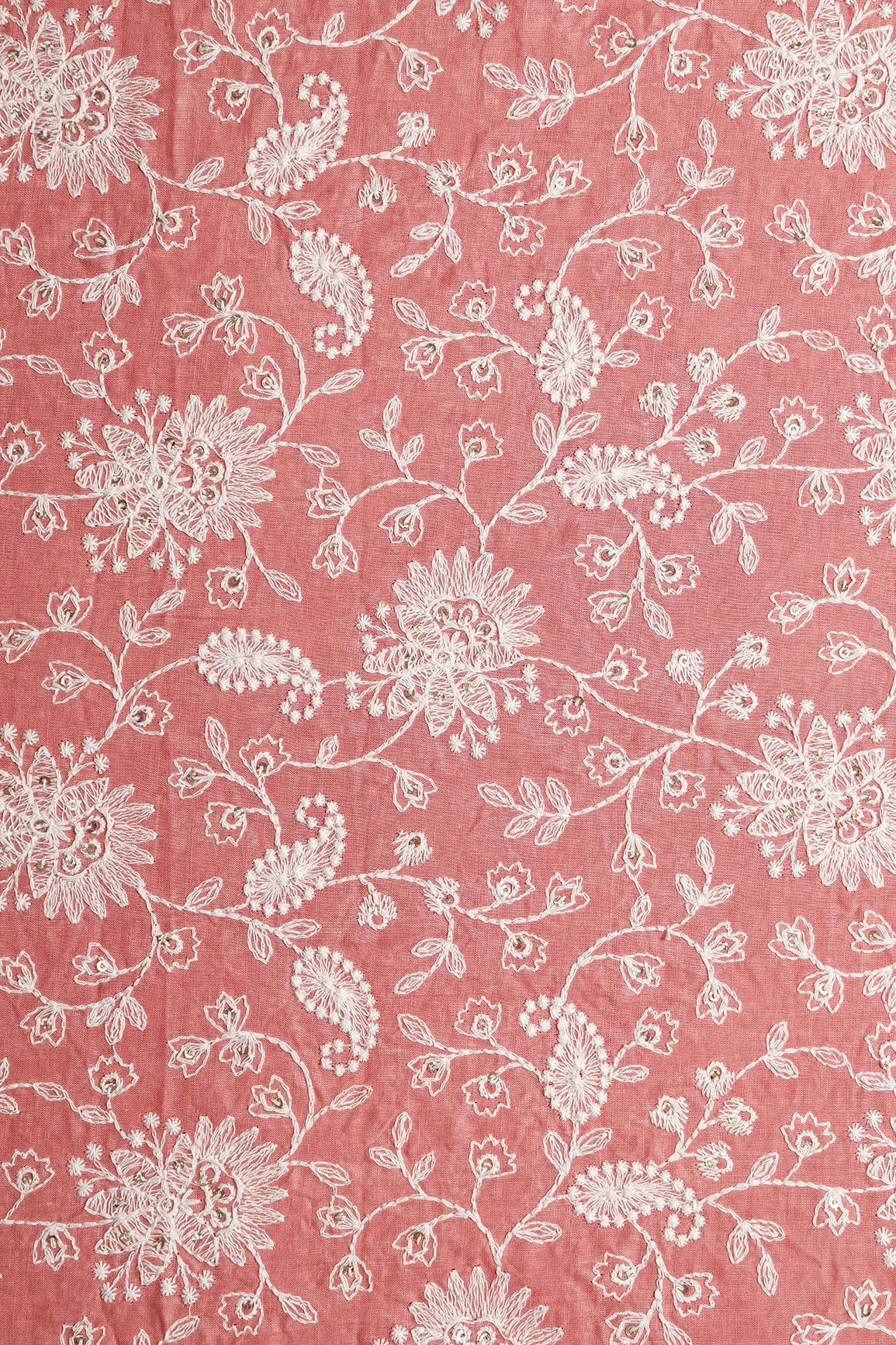 Beautiful White Thread With Gold Sequins Lucknowi Floral Embroidery Work On Peach Soft Cotton Fabric