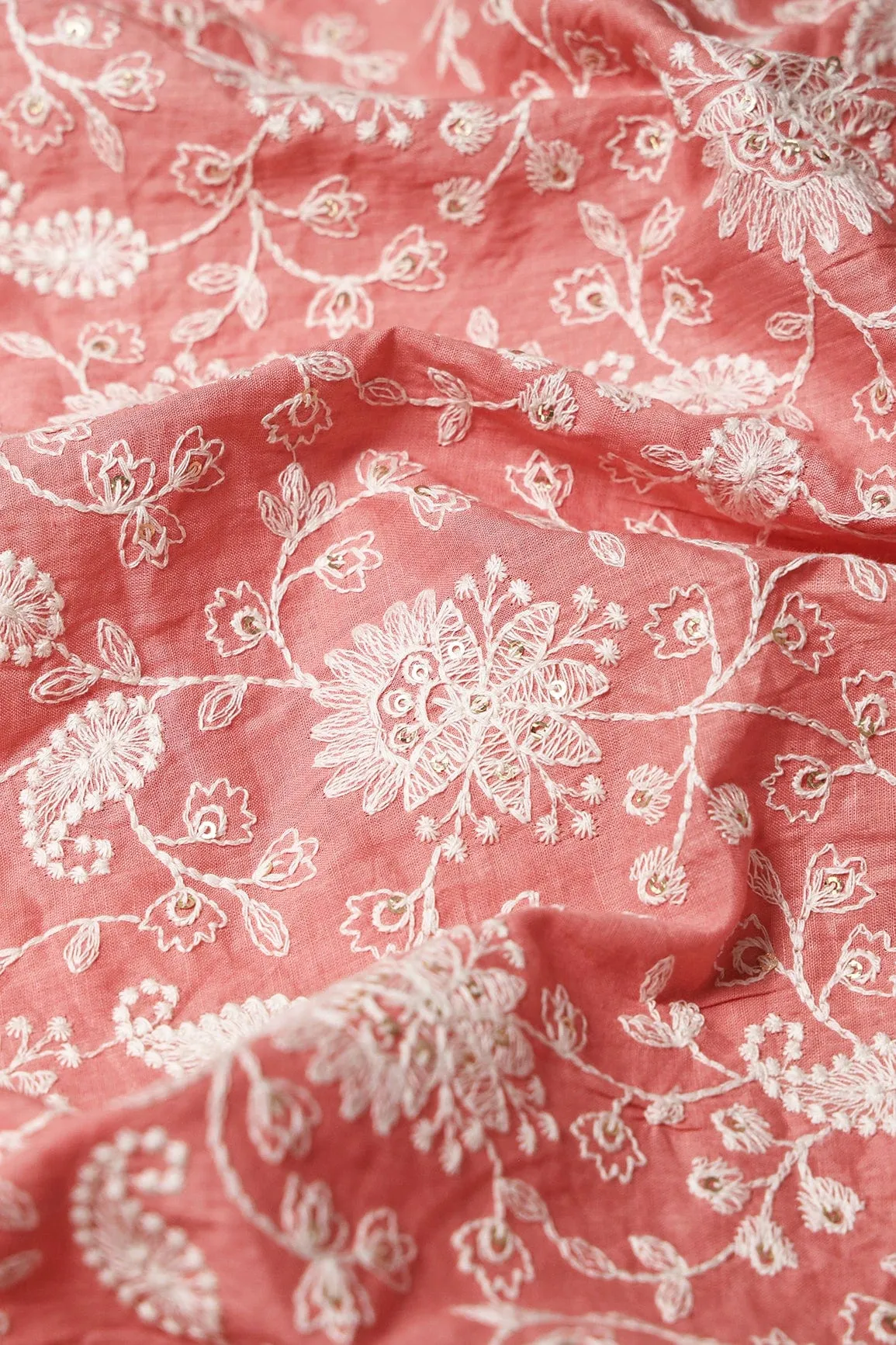 Beautiful White Thread With Gold Sequins Lucknowi Floral Embroidery Work On Peach Soft Cotton Fabric