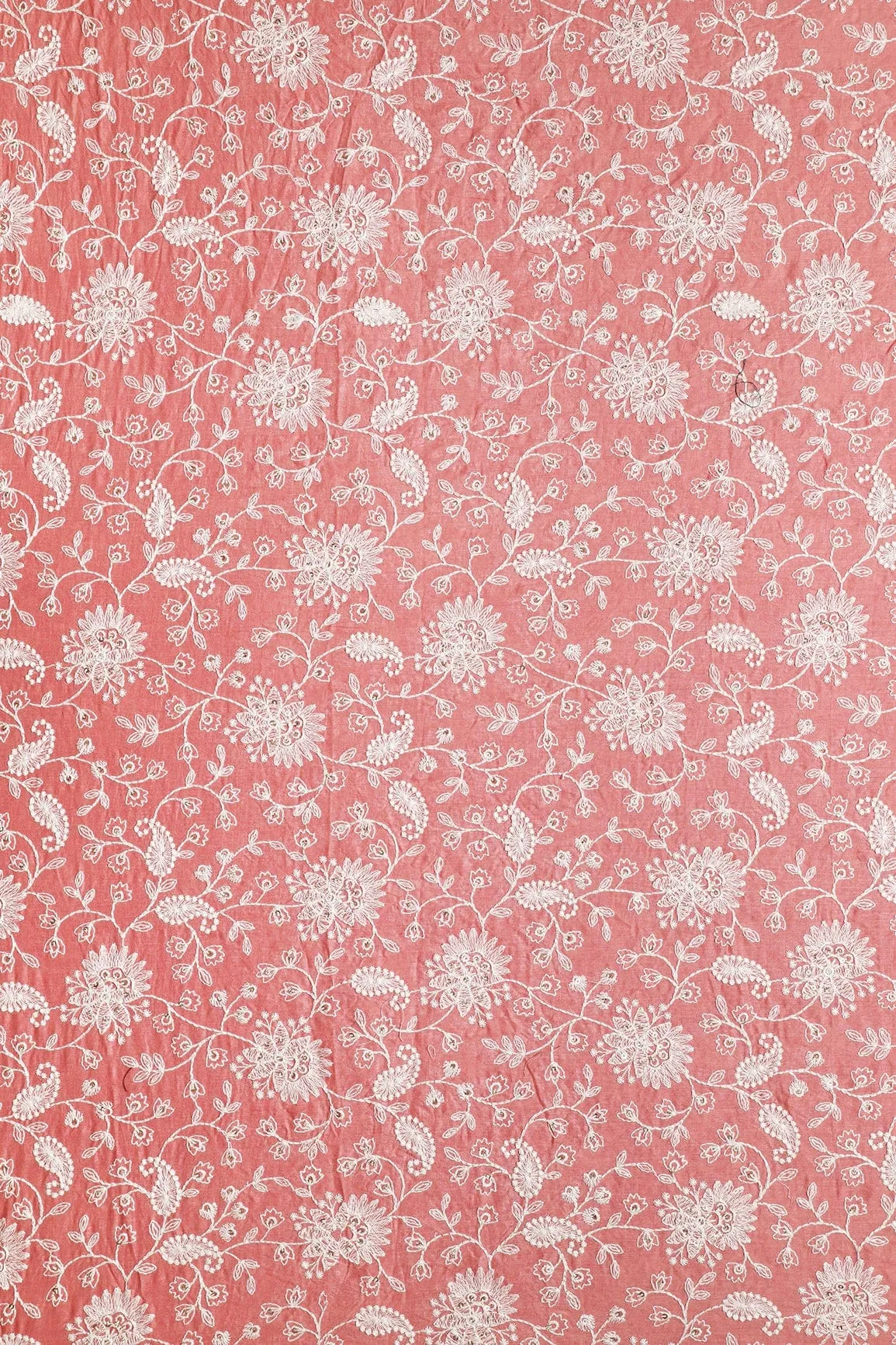 Beautiful White Thread With Gold Sequins Lucknowi Floral Embroidery Work On Peach Soft Cotton Fabric