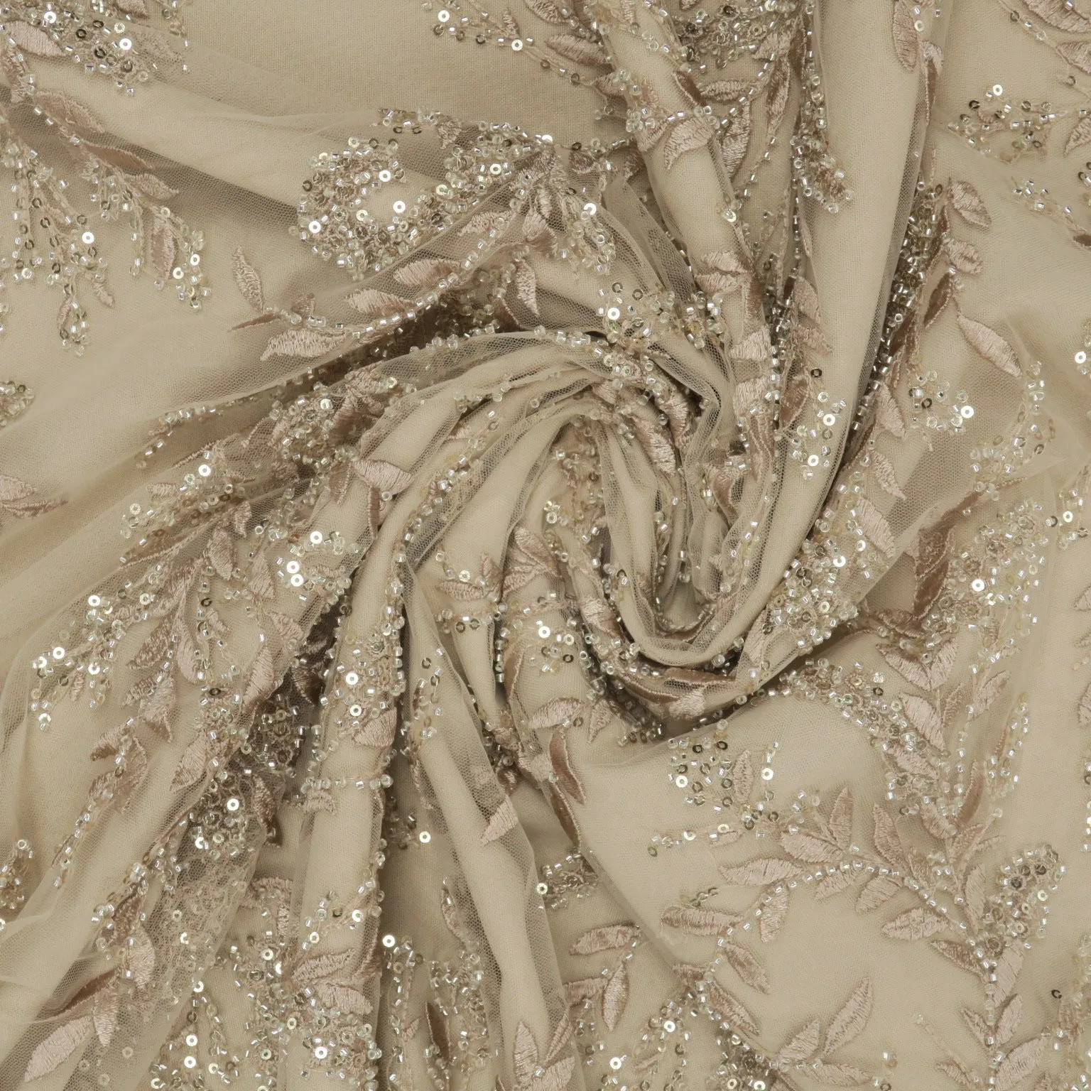 Beige and Gold Beaded and Sequined Abstract Embroidered Tulle Fabric