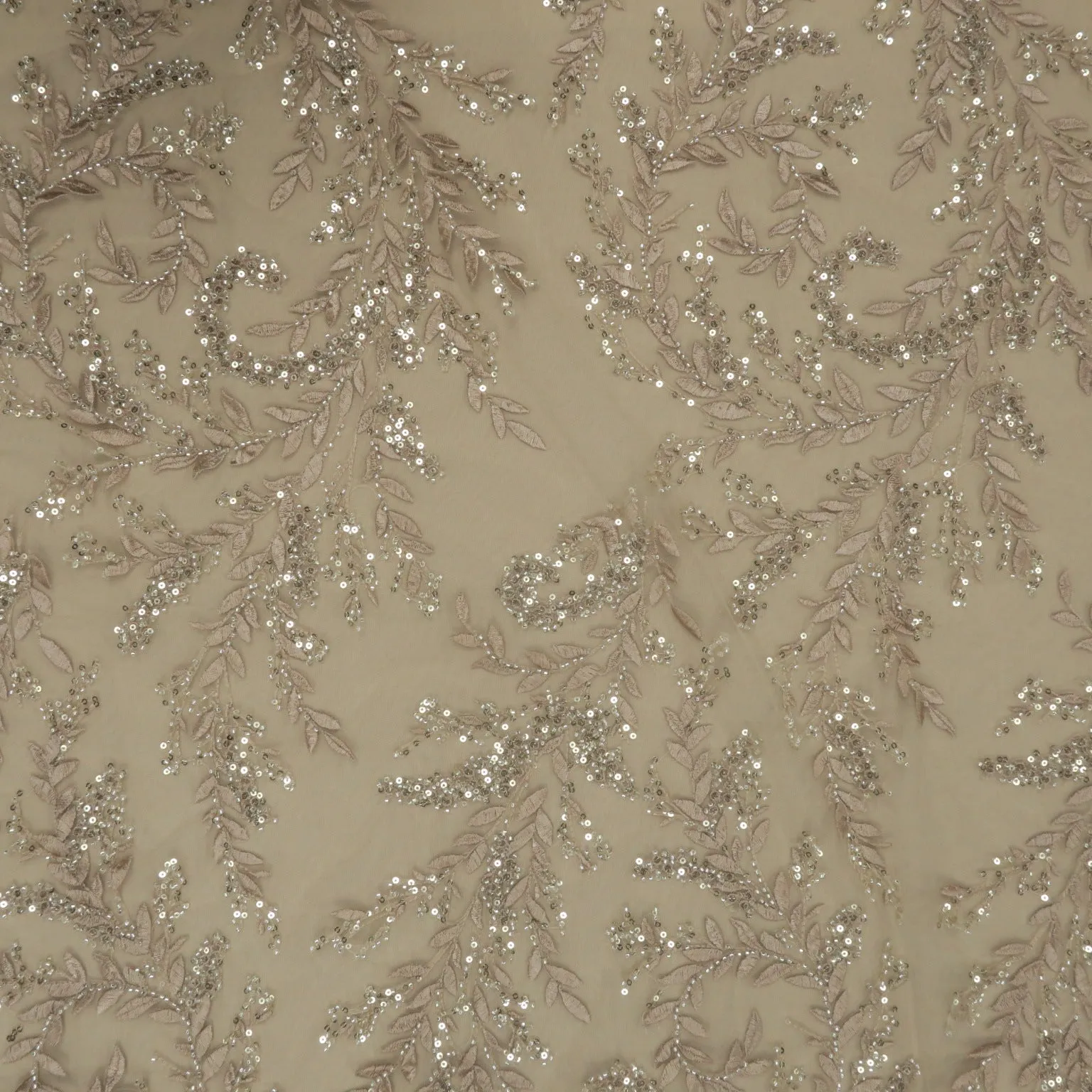 Beige and Gold Beaded and Sequined Abstract Embroidered Tulle Fabric