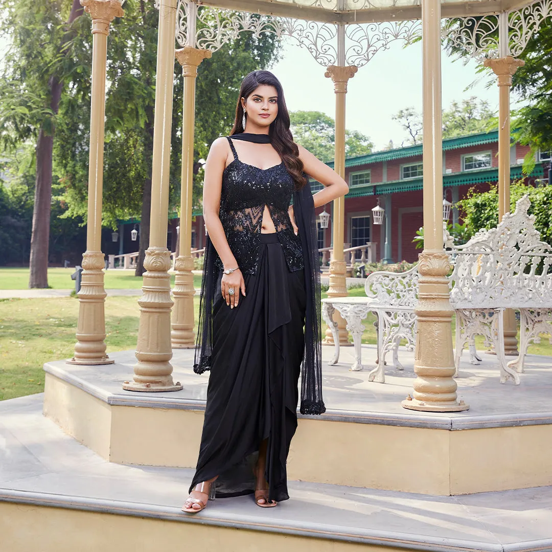 Black Dhoti-Style Skirt and Sequined Top Set