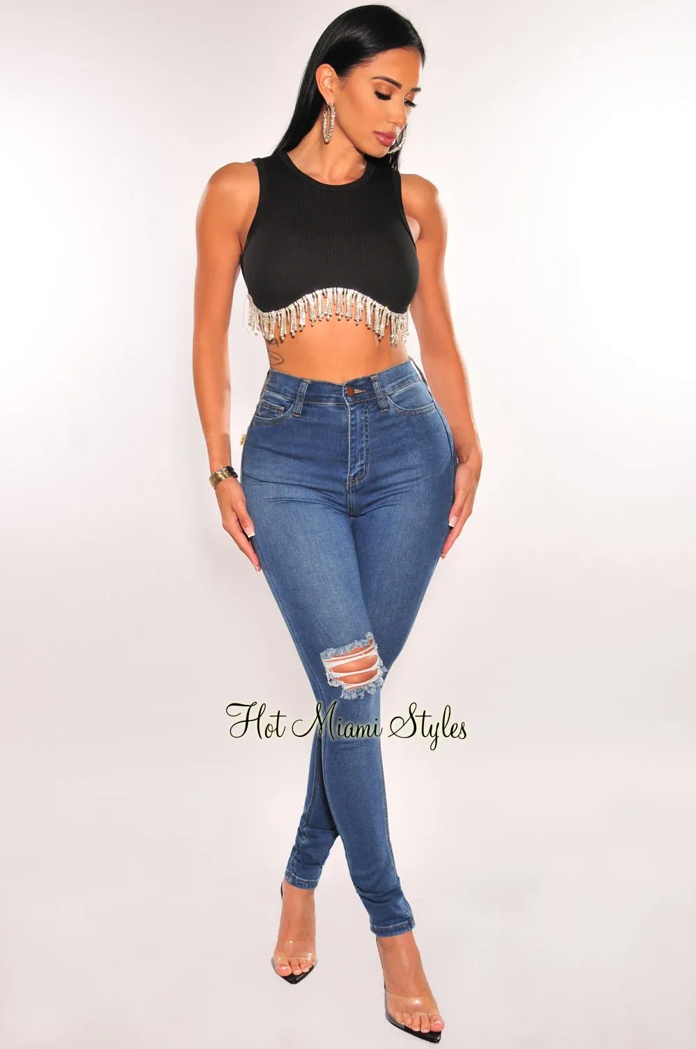 Black Ribbed Sleeveless Rhinestone Fringe Curved Hem Crop Top