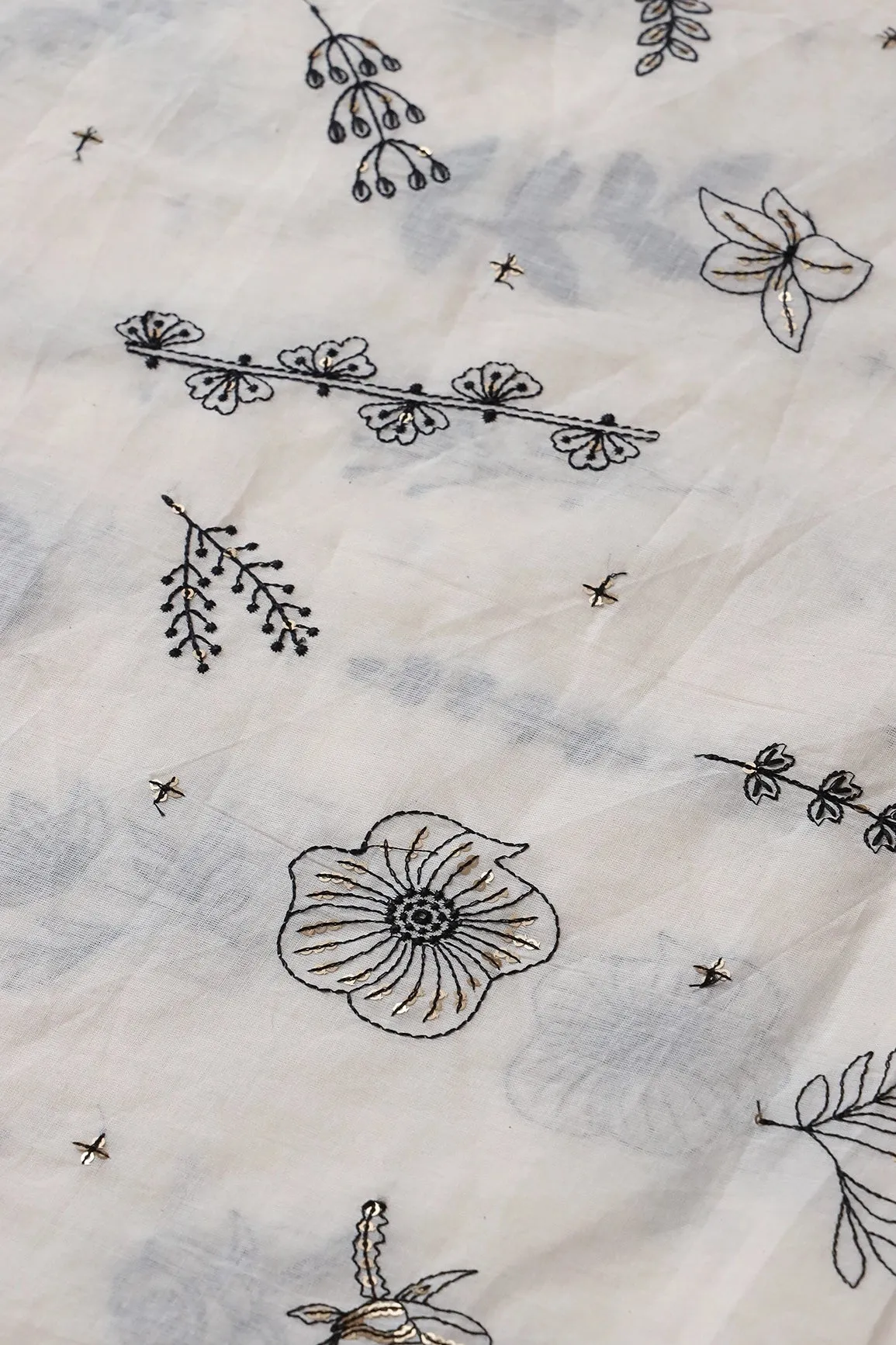 Black Thread With Gold Sequins Floral Embroidery Work On Off White Organic Cotton Fabric