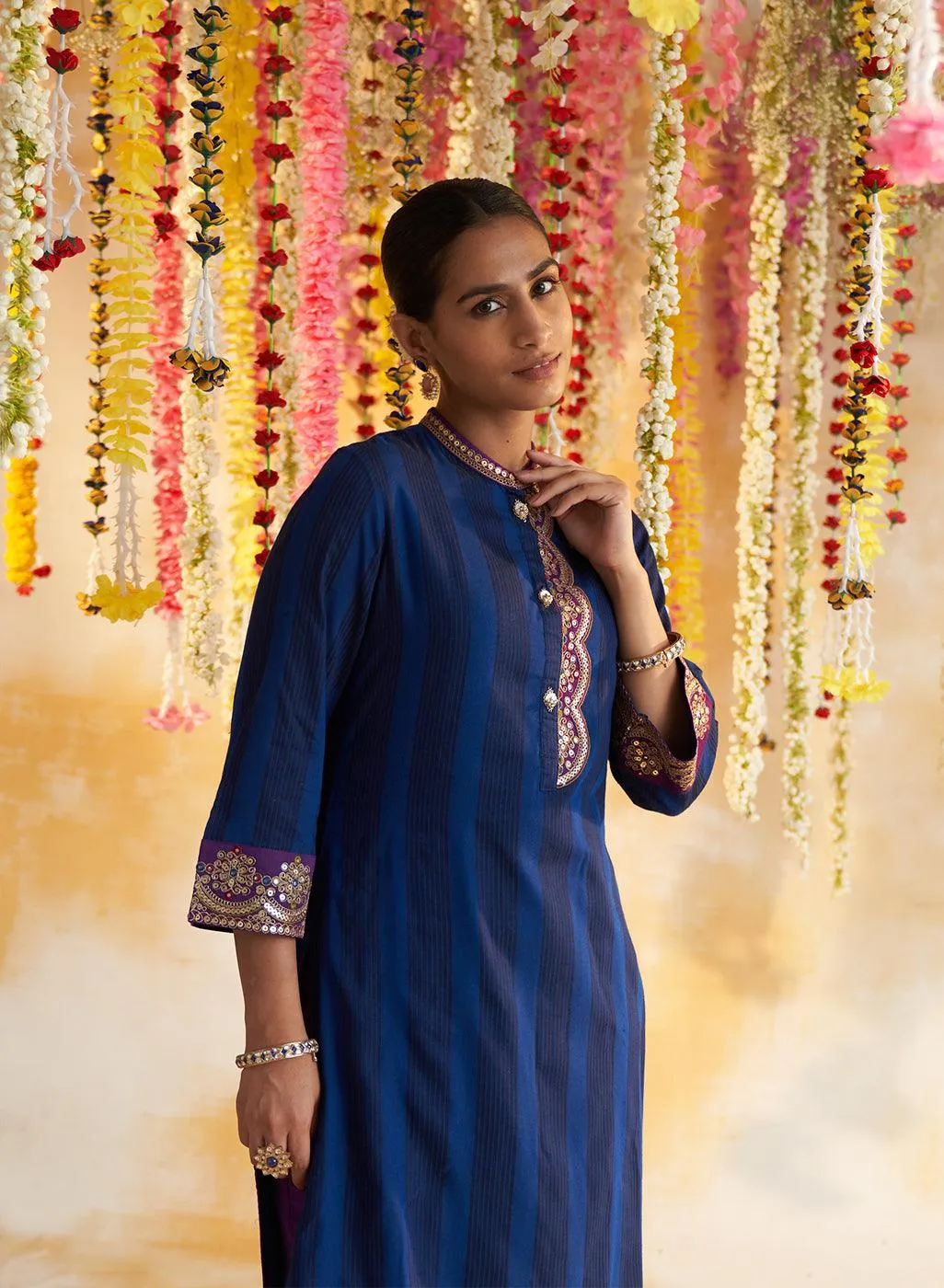 Blue Solid Kurta Set With Embroidery