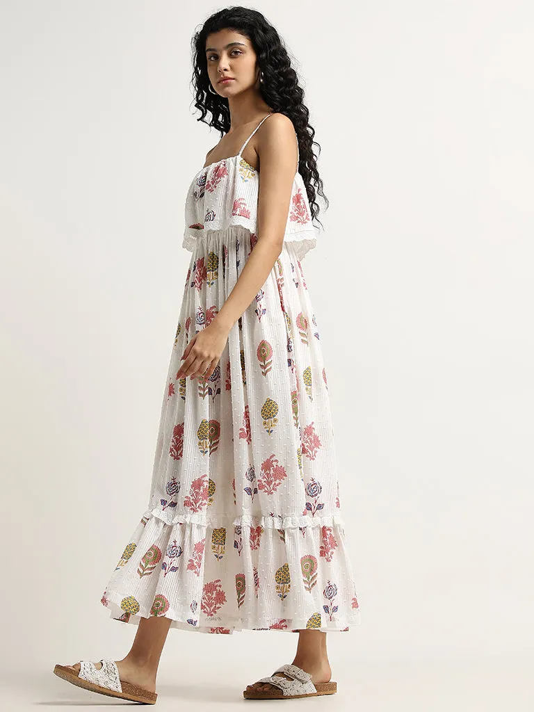 Bombay Paisley White Floral Printed Tiered Cotton Dress