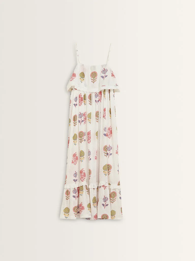 Bombay Paisley White Floral Printed Tiered Cotton Dress