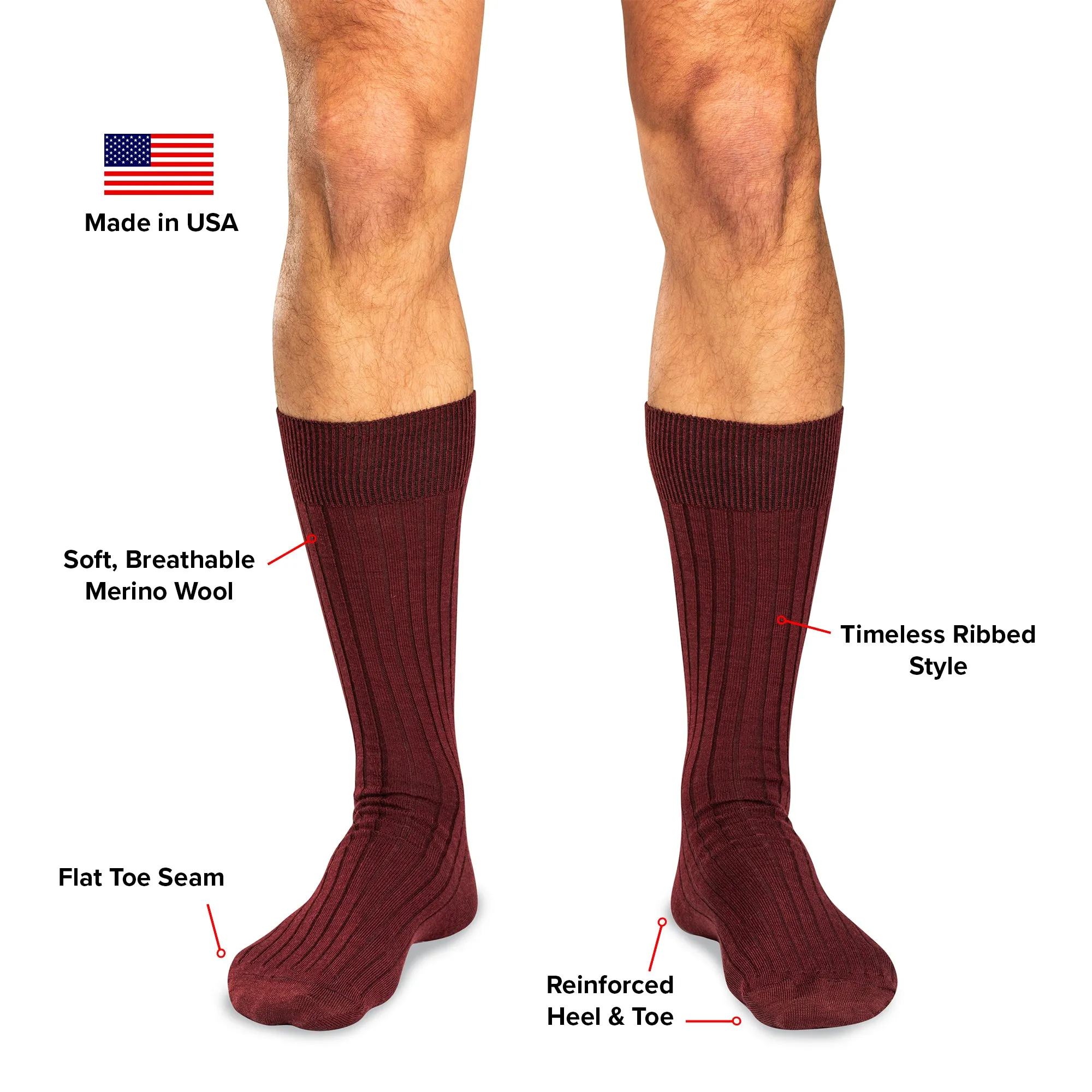 Burgundy Merino Wool Mid Calf Dress Socks