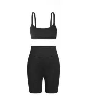 Cami Sports Fitness Bra & Wide Band High Waist Active Workout Shorts Legging In Black