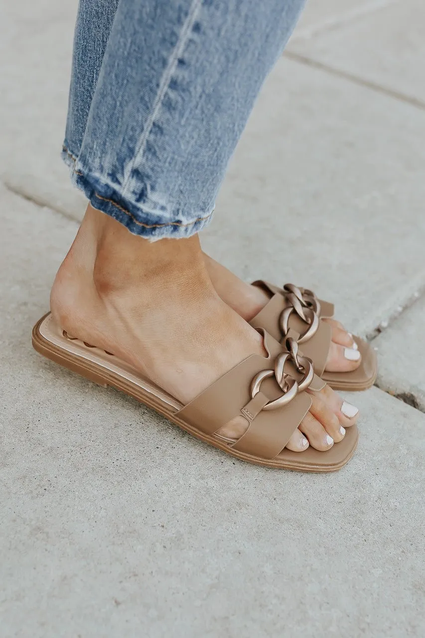 Chain Detail Taupe Slide Sandals - FINAL SALE